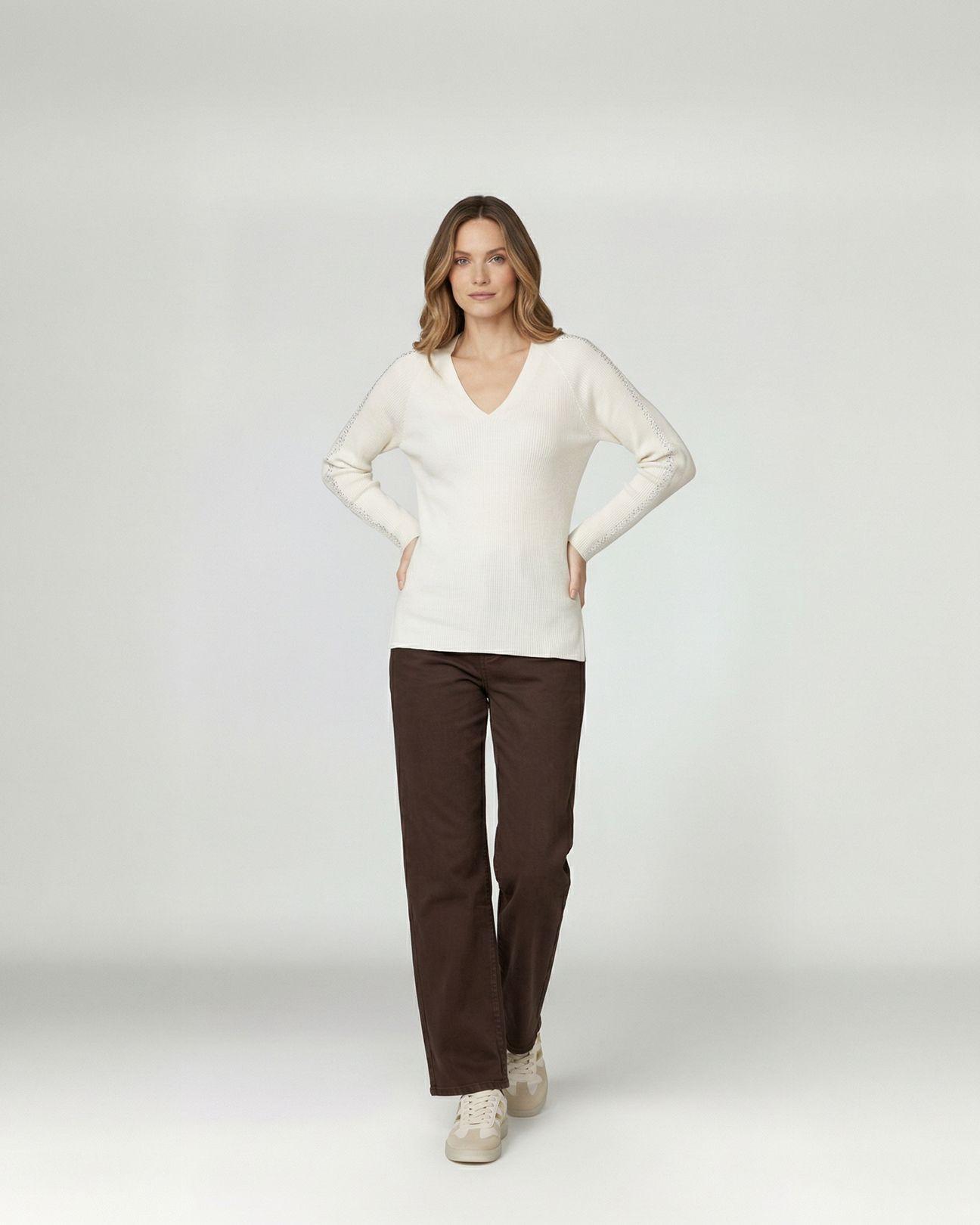 Sweater Mujer Ornella Relaxed Cuello En V Manga Caída Crudo Lineatre-3