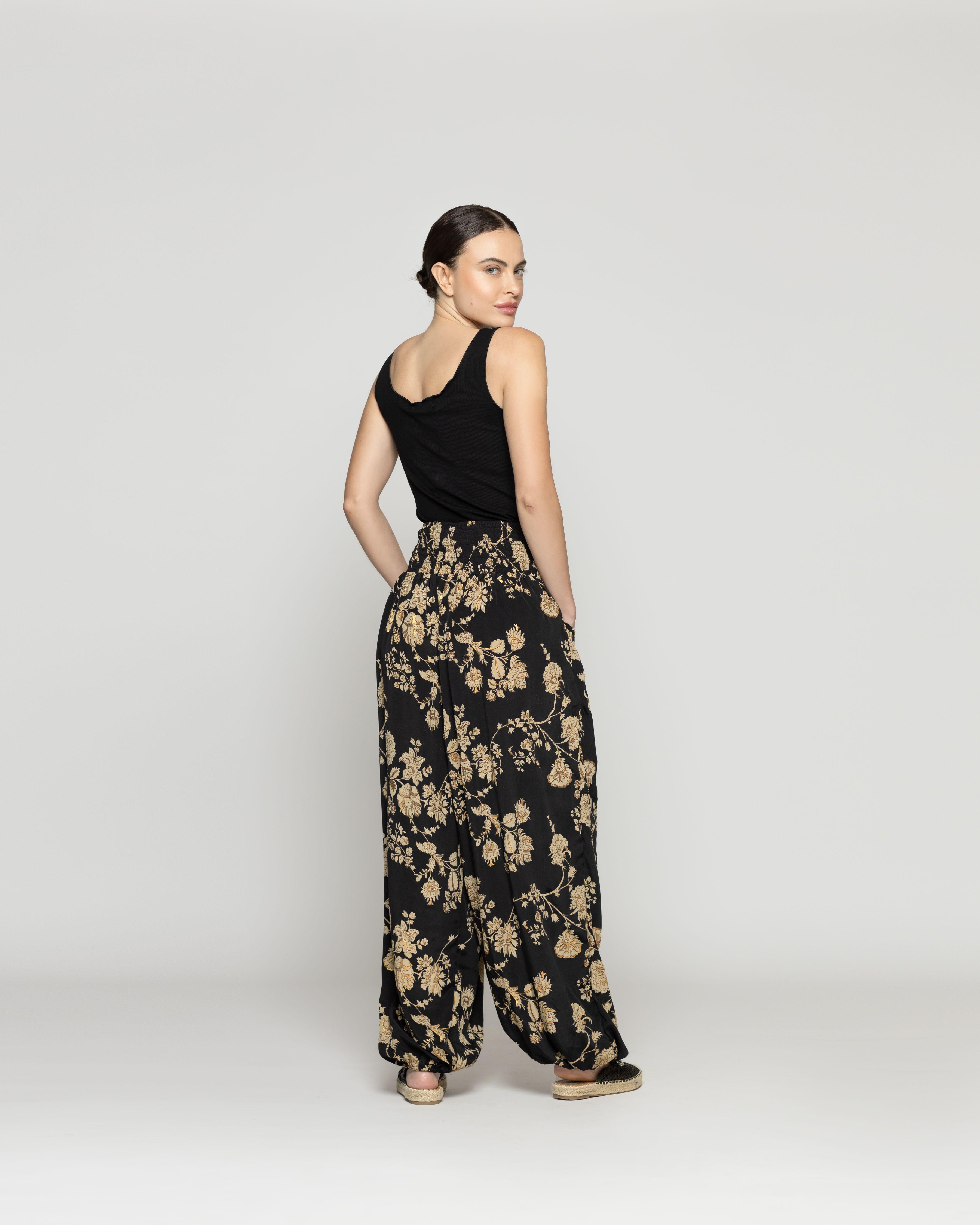 Pantalón Mujer Bombacho Pierangela Estampado beige Y Negro Con Toques Dorados Lineatre-2