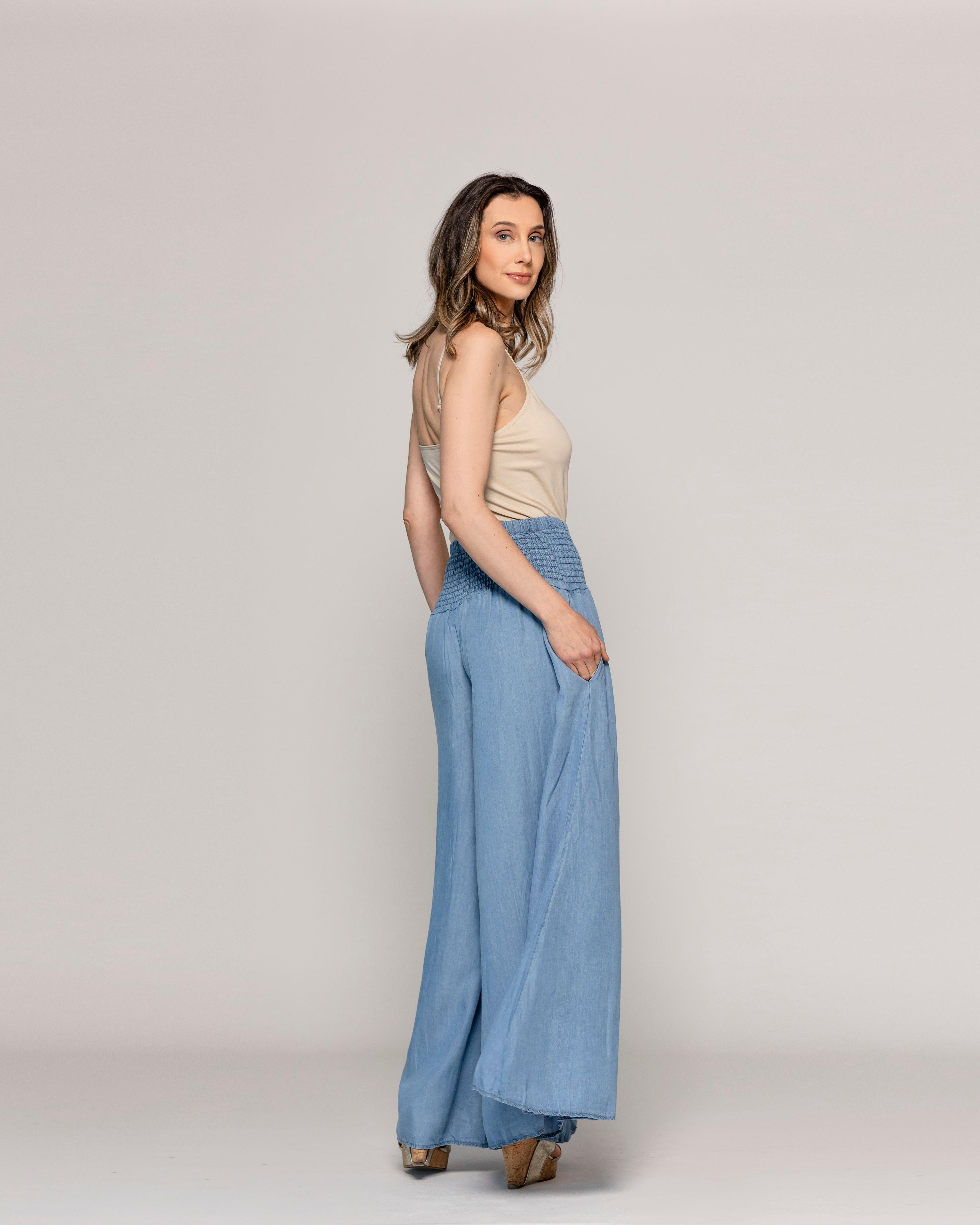Pantalón Mujer Pilar Palazzo Demin Con Pretina Fruncida Lineatre-2