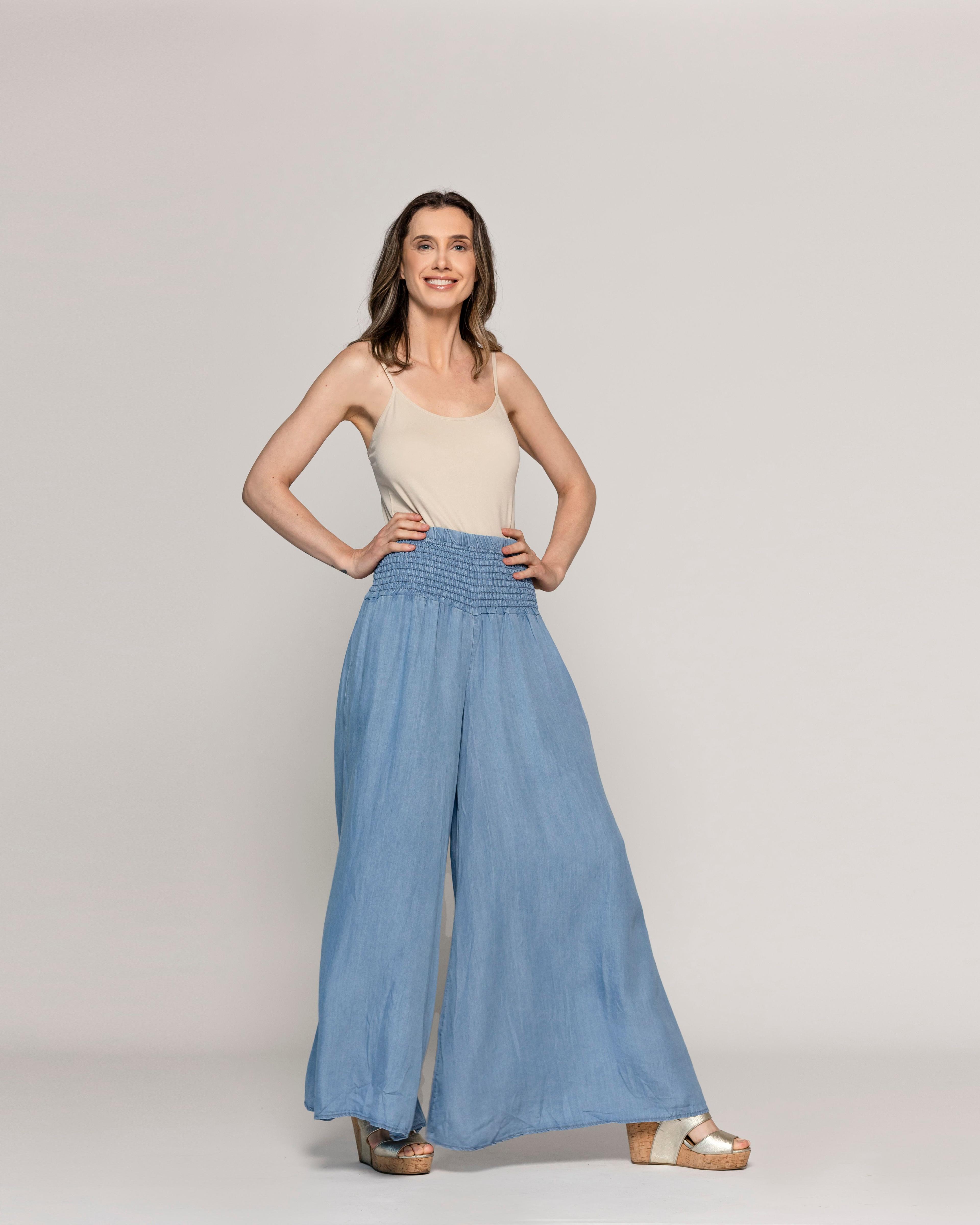 Pantalón Mujer Pilar Palazzo Demin Con Pretina Fruncida Lineatre-4