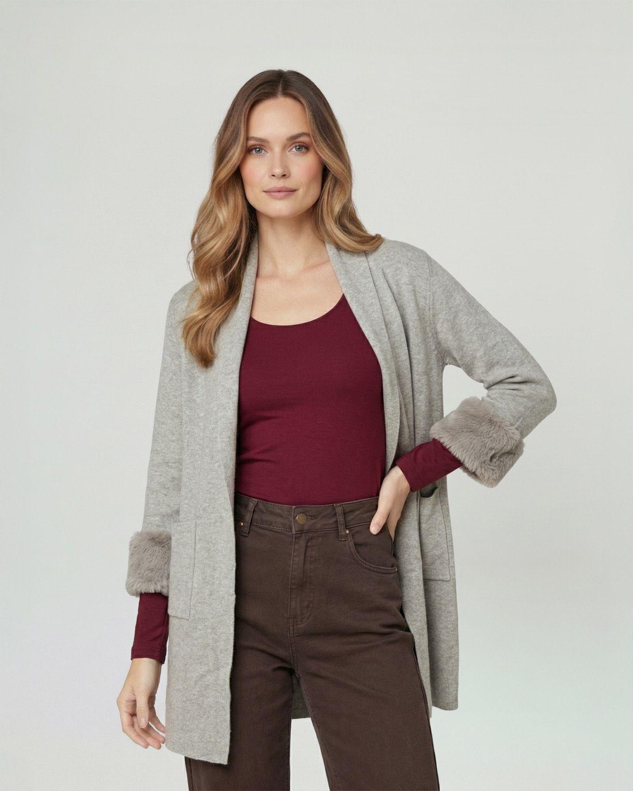 Cardigan Mujer Renata Relaxed Cuello Con Solapa Manga Acampanada Fango Lineatre-0