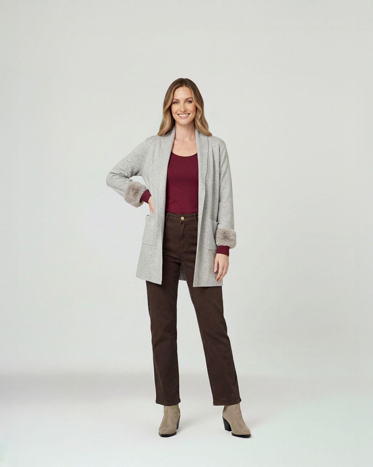 Cardigan Mujer Renata Relaxed Cuello Con Solapa Manga Acampanada Fango Lineatre-3