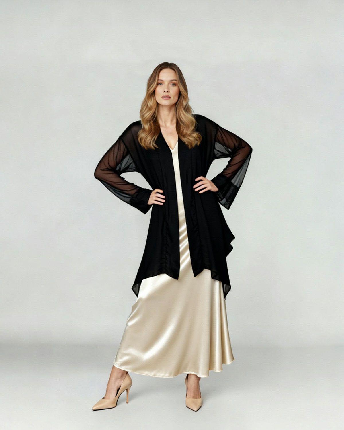 Spolverino Mujer Livia Relaxed fit Solapa Manga amplia y translúcida sin puño Negro Lineatre-0