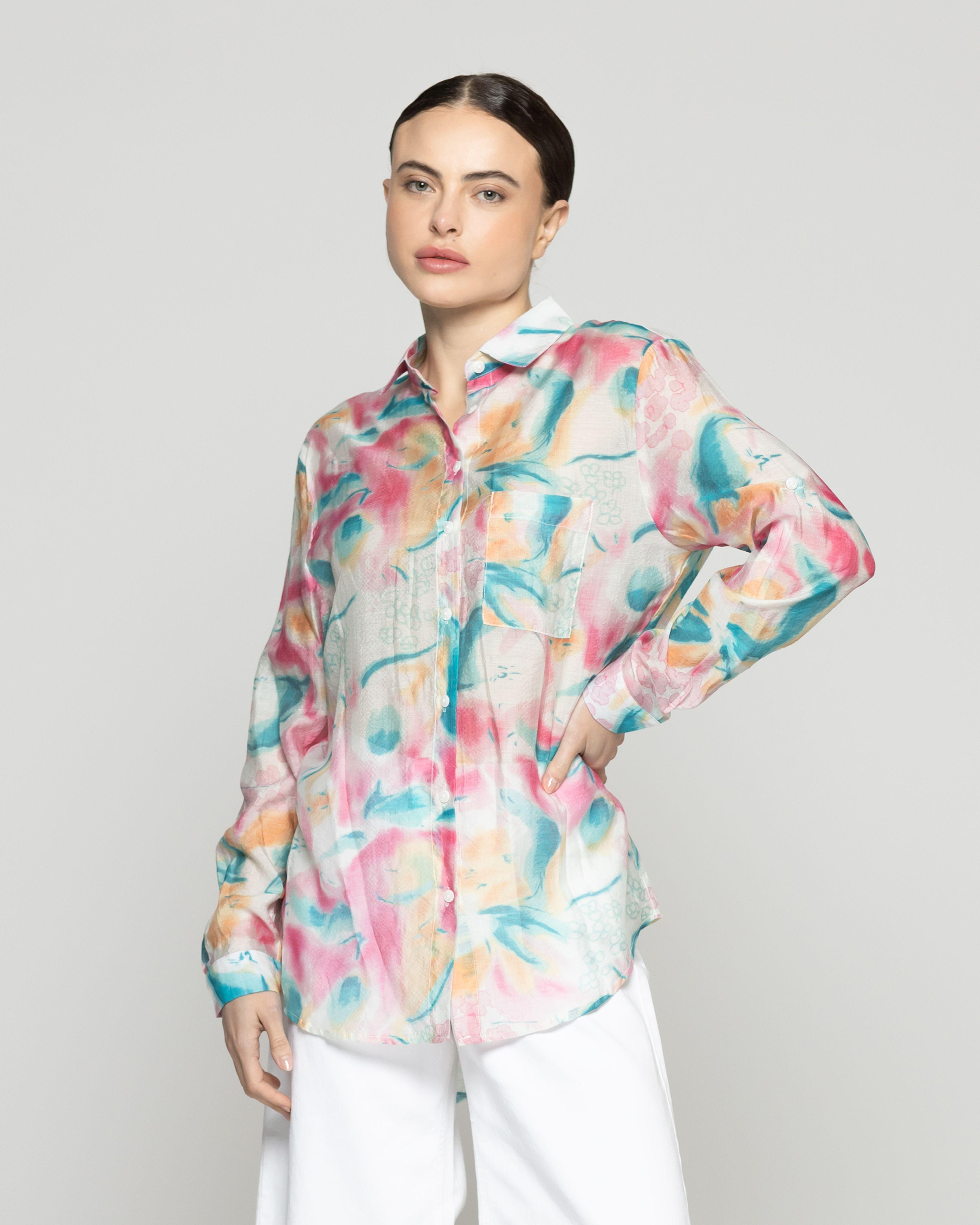 Blusa Mujer Brigitte Manga Larga Con Diseño Fucsia Y Celeste Lineatre-0