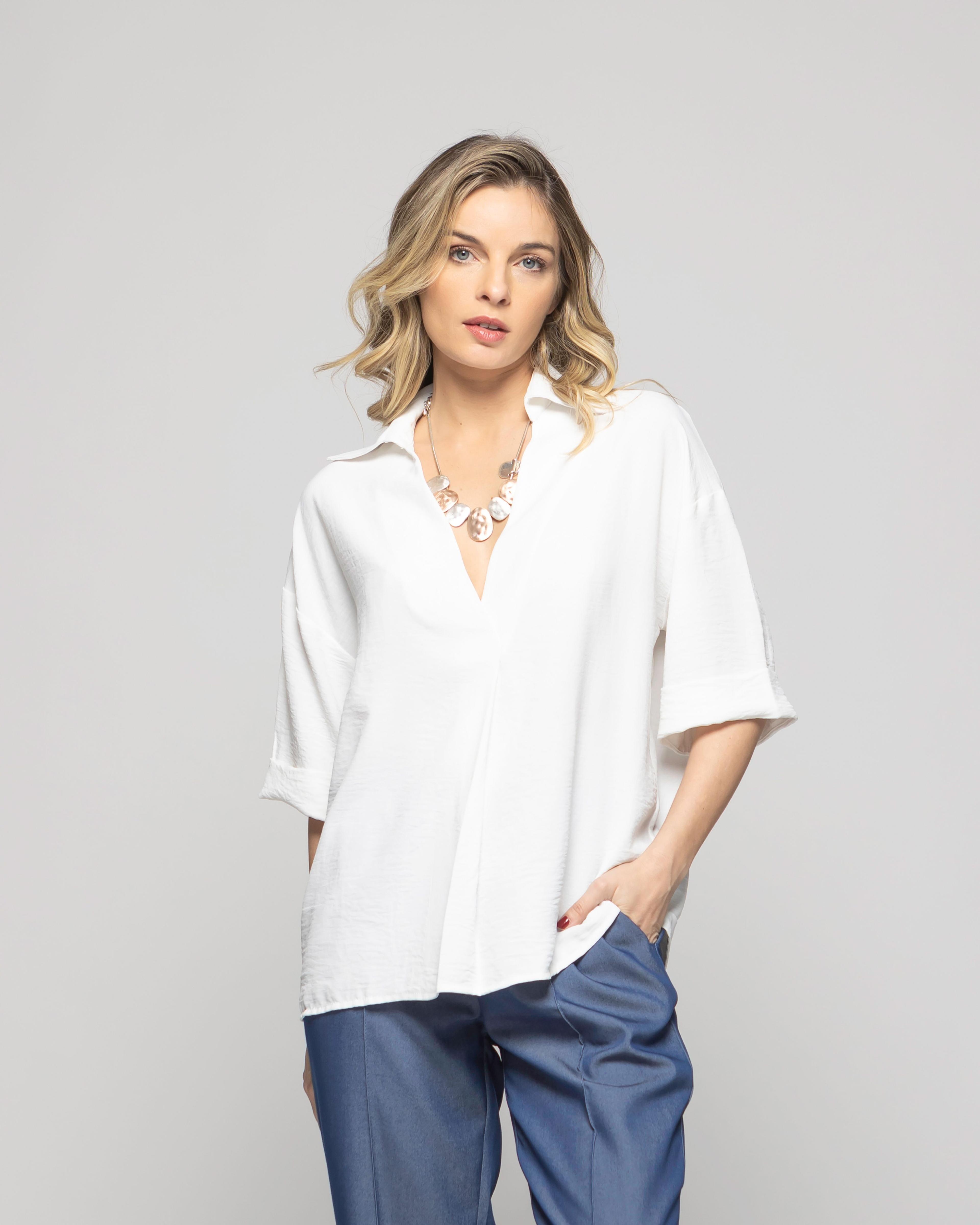 Blusa Mujer Gaura Escote V Con Cuello Media Manga Blanca Crudo Ludovica-3