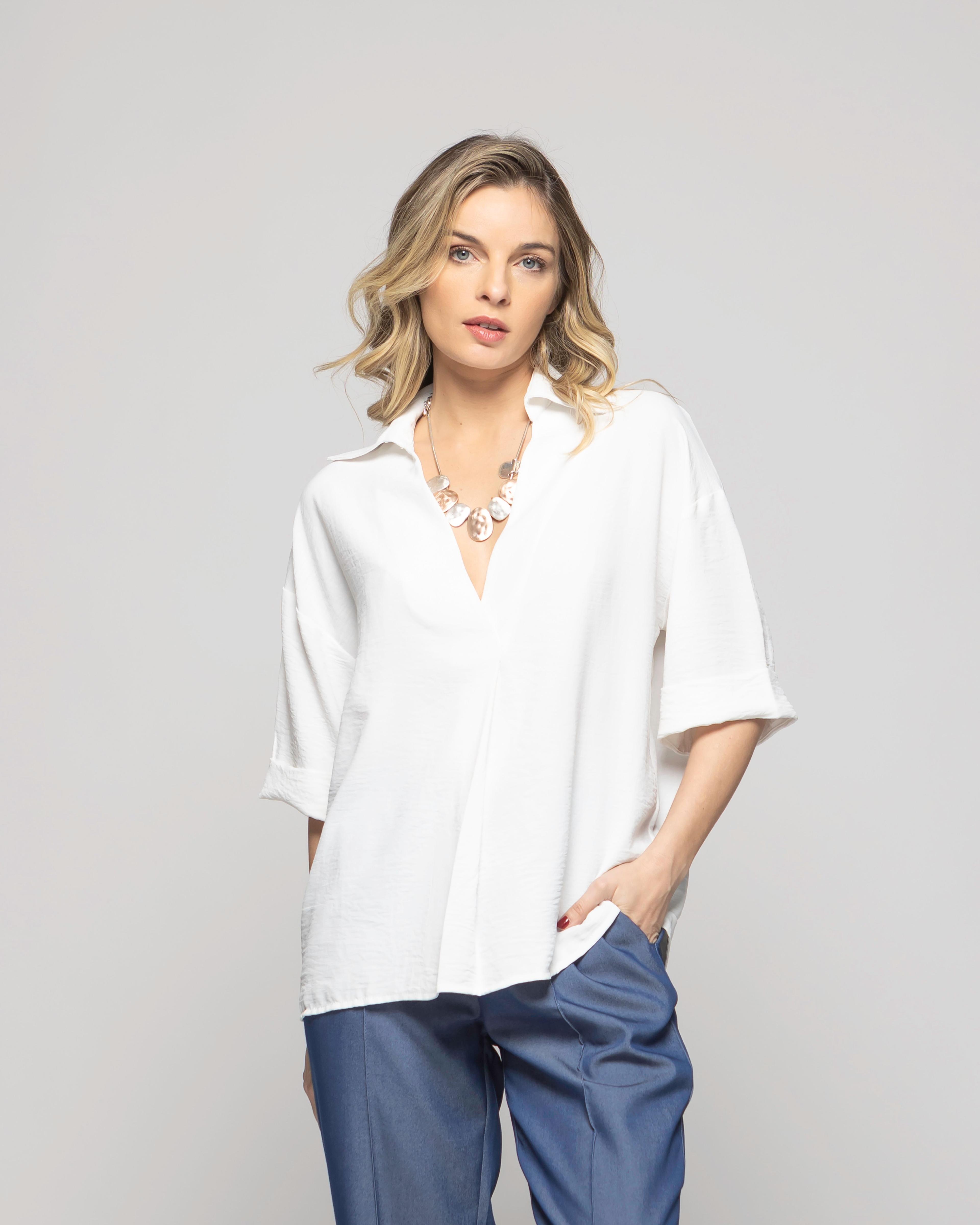 Blusa Mujer Gaura Escote V Con Cuello Media Manga Blanca Crudo Ludovica-2