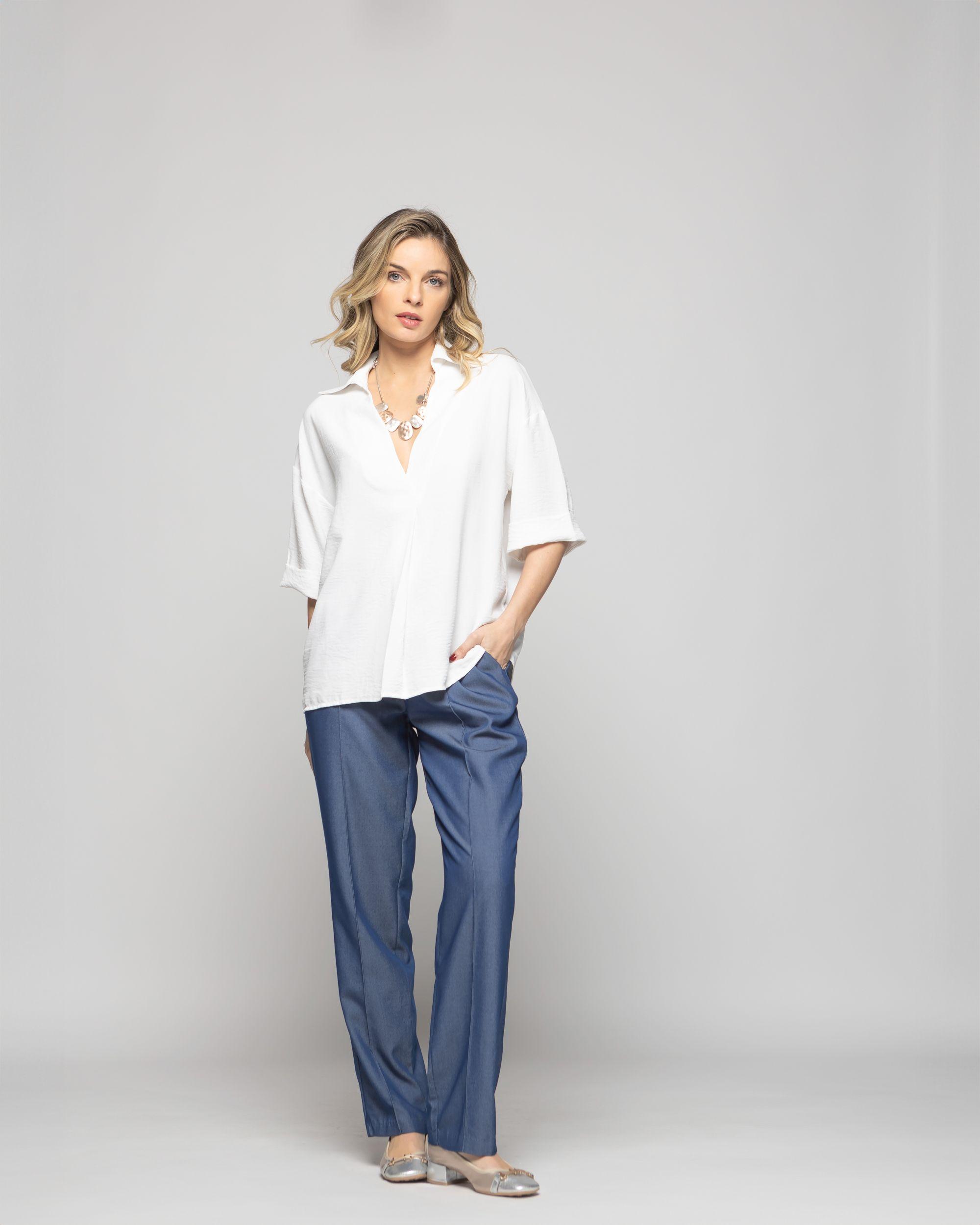 Blusa Mujer Gaura Escote V Con Cuello Media Manga Blanca Crudo Ludovica-9