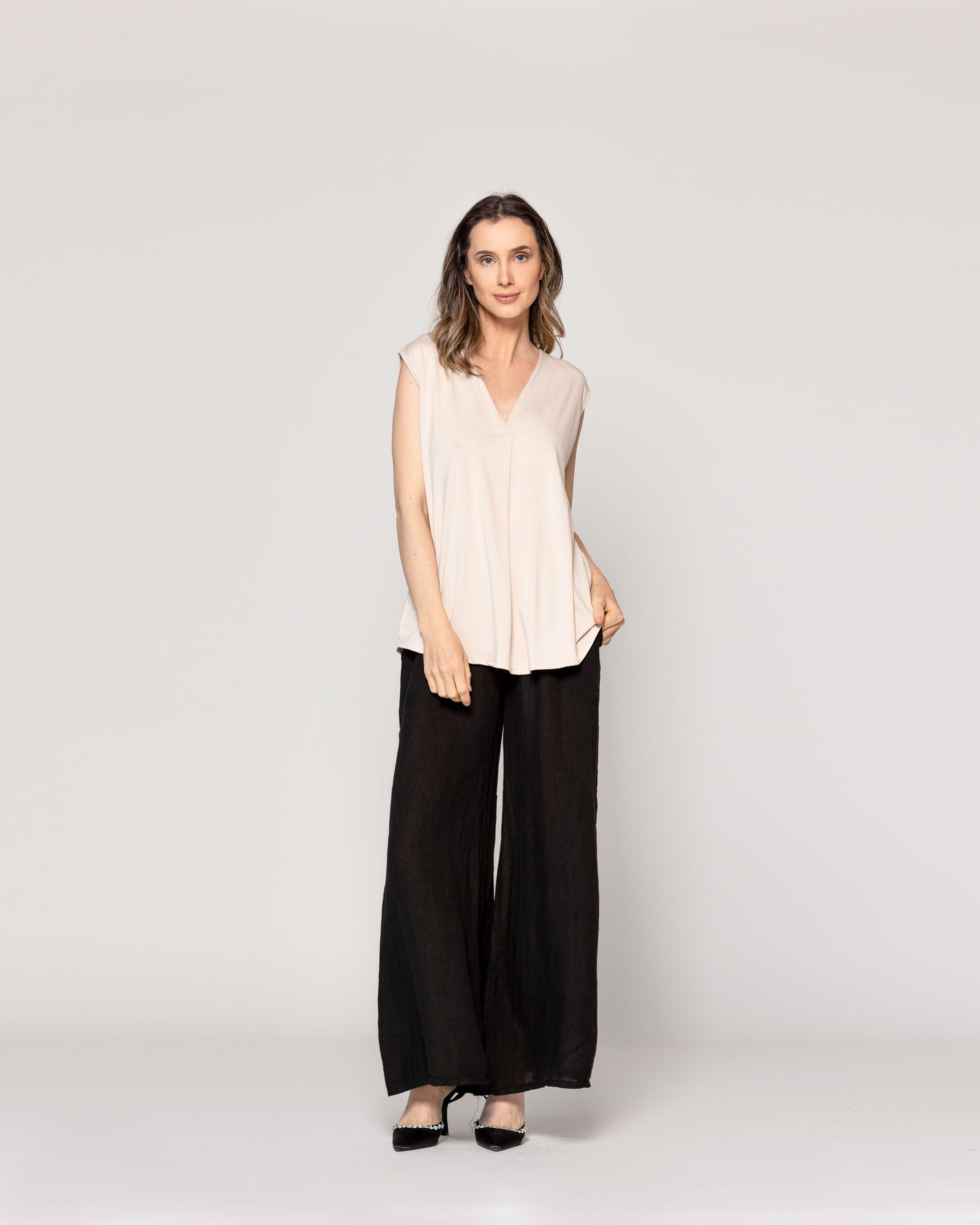 Polera Mujer Básica Olga Escote V Sin Mangas Beige Lineatre-4