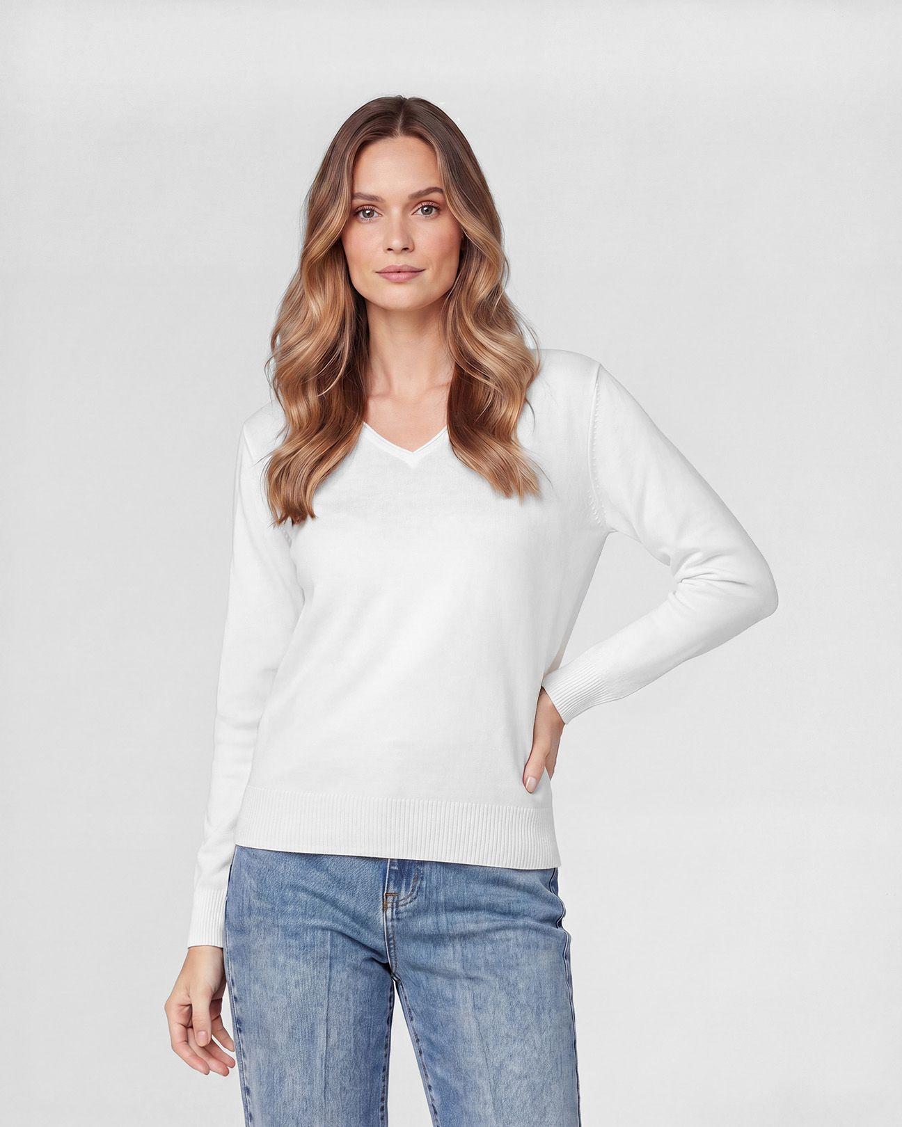 Sweater Mujer Ignacia Regular Fit Cuello En V Manga Caída Blanco Lineatre-0