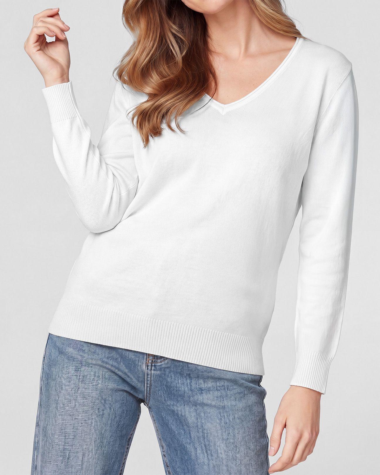 Sweater Mujer Ignacia Regular Fit Cuello En V Manga Caída Blanco Lineatre-2