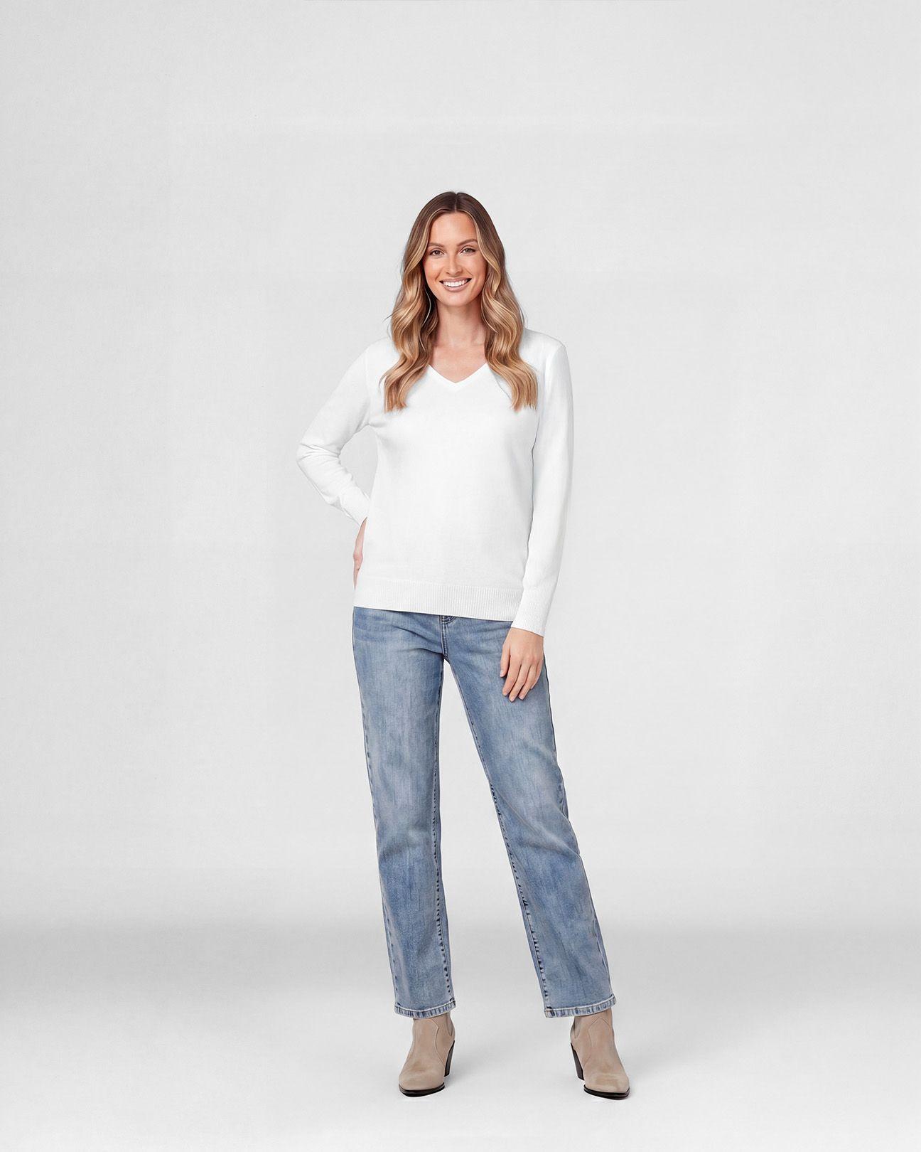 Sweater Mujer Ignacia Regular Fit Cuello En V Manga Caída Blanco Lineatre-3