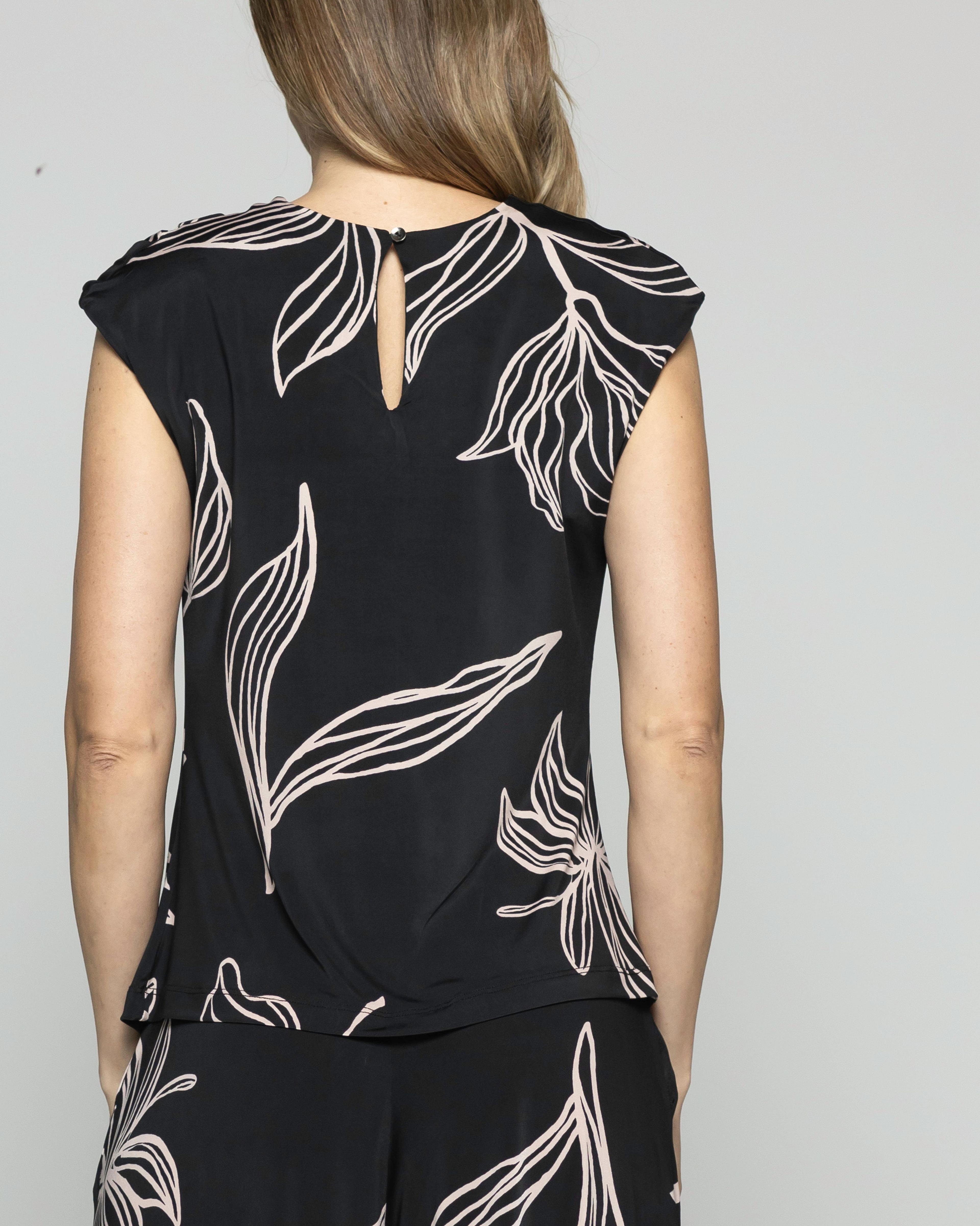 Polera Mujer Manzanilla Sin Mangas Drapeado Hombro Estampado Flores Lineal Negro Ludovica-4