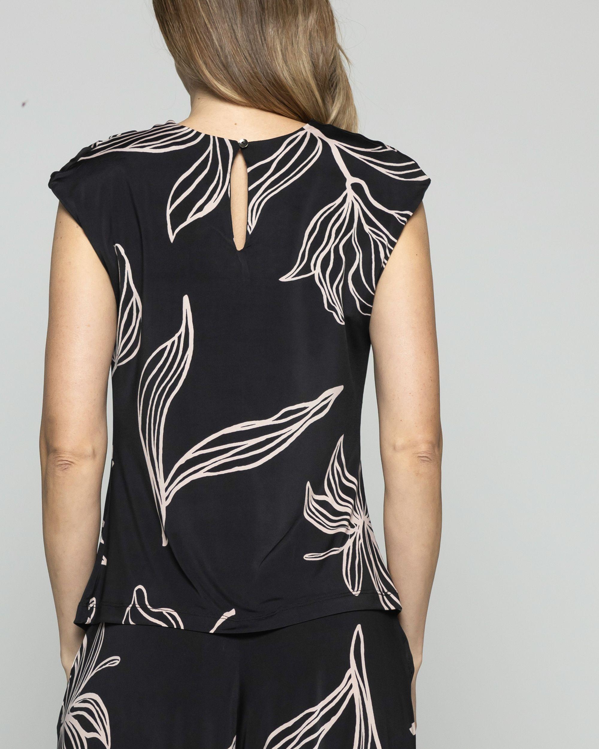 Polera Mujer Manzanilla Sin Mangas Drapeado Hombro Estampado Flores Lineal Negro Ludovica-6