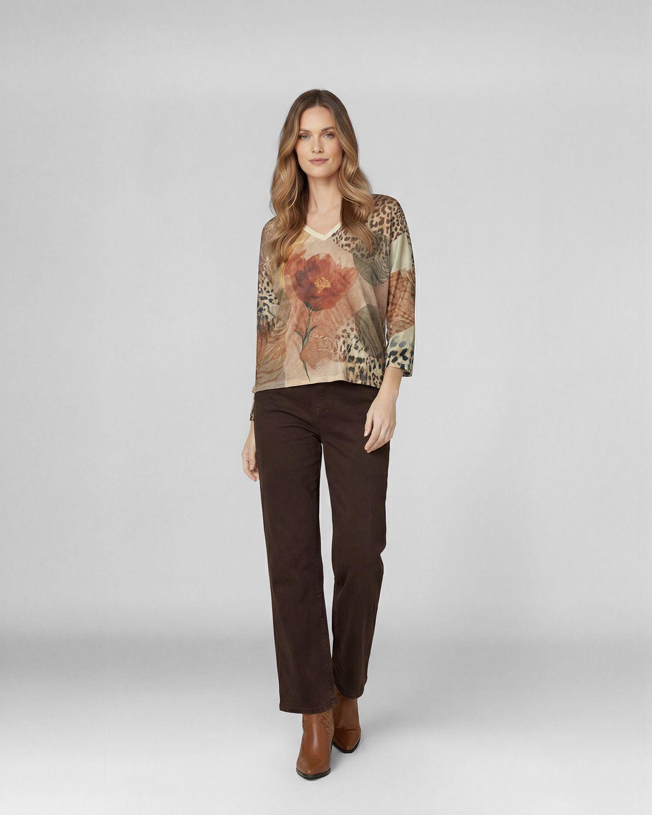 Polera Mujer Josefina Overside Cuello En V Manga Caída Camel Lineatre-1