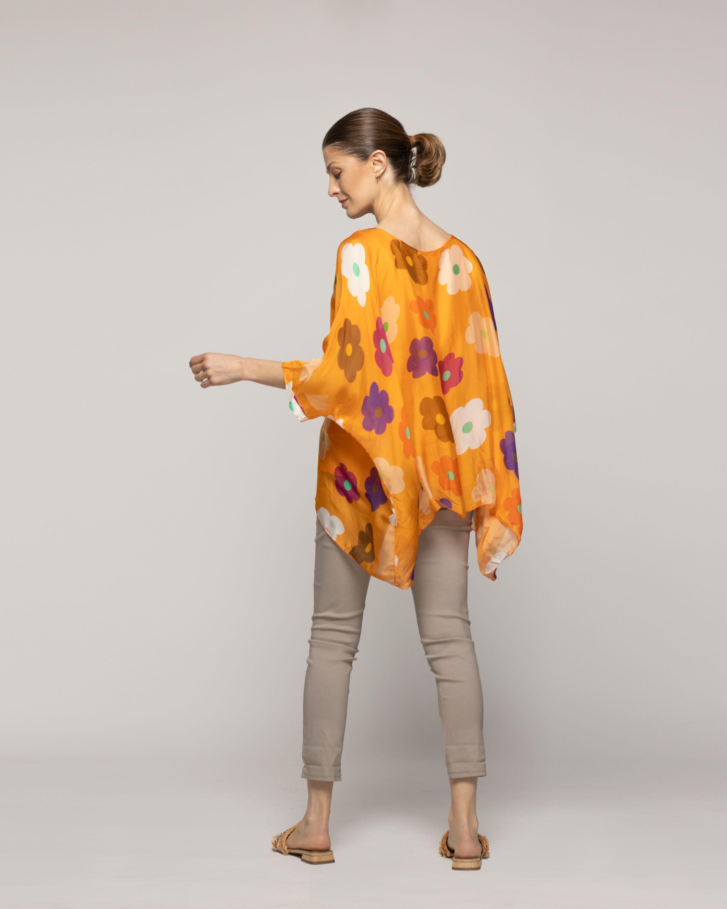Blusa Mujer Berna Estampado Floral Y Mangas Amplias Naranja  Lineatre-2