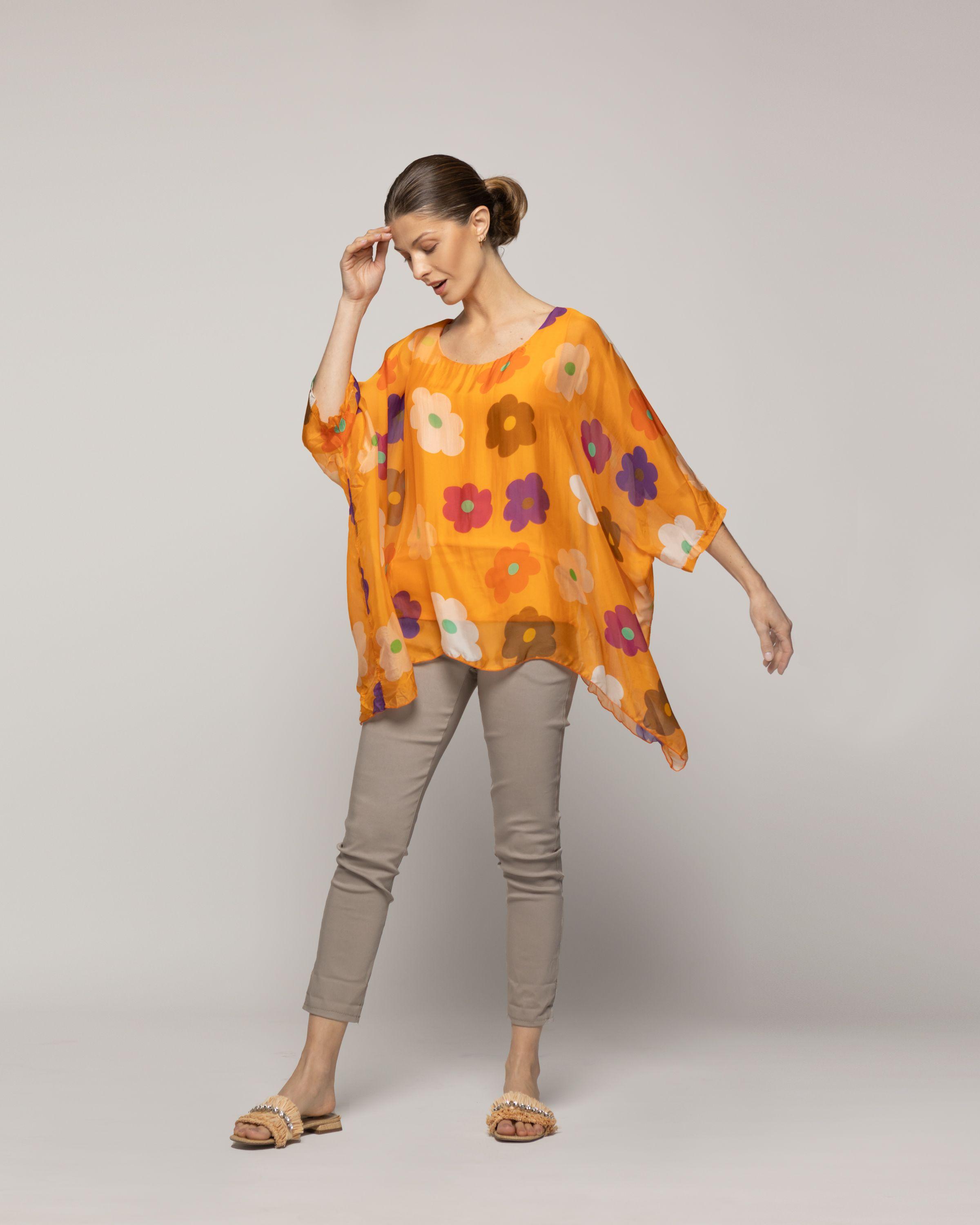 Blusa Mujer Berna Estampado Floral Y Mangas Amplias Naranja  Lineatre-4