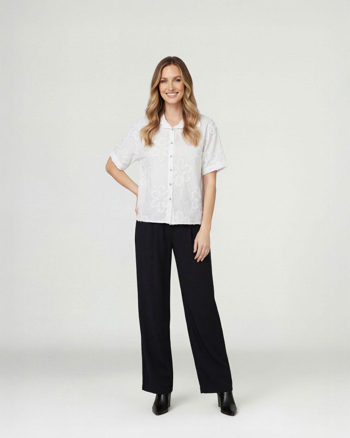 Blusa Mujer Simona Relaxed Cuello tipo camisa Manga corta Blanco Lineatre-0