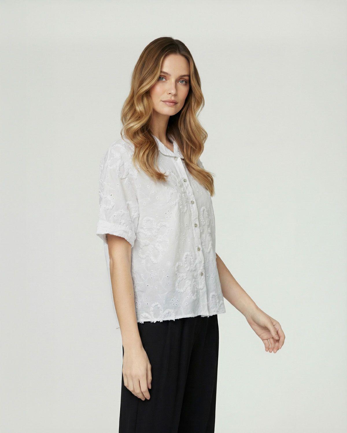 Blusa Mujer Simona Relaxed Cuello tipo camisa Manga corta Blanco Lineatre-1