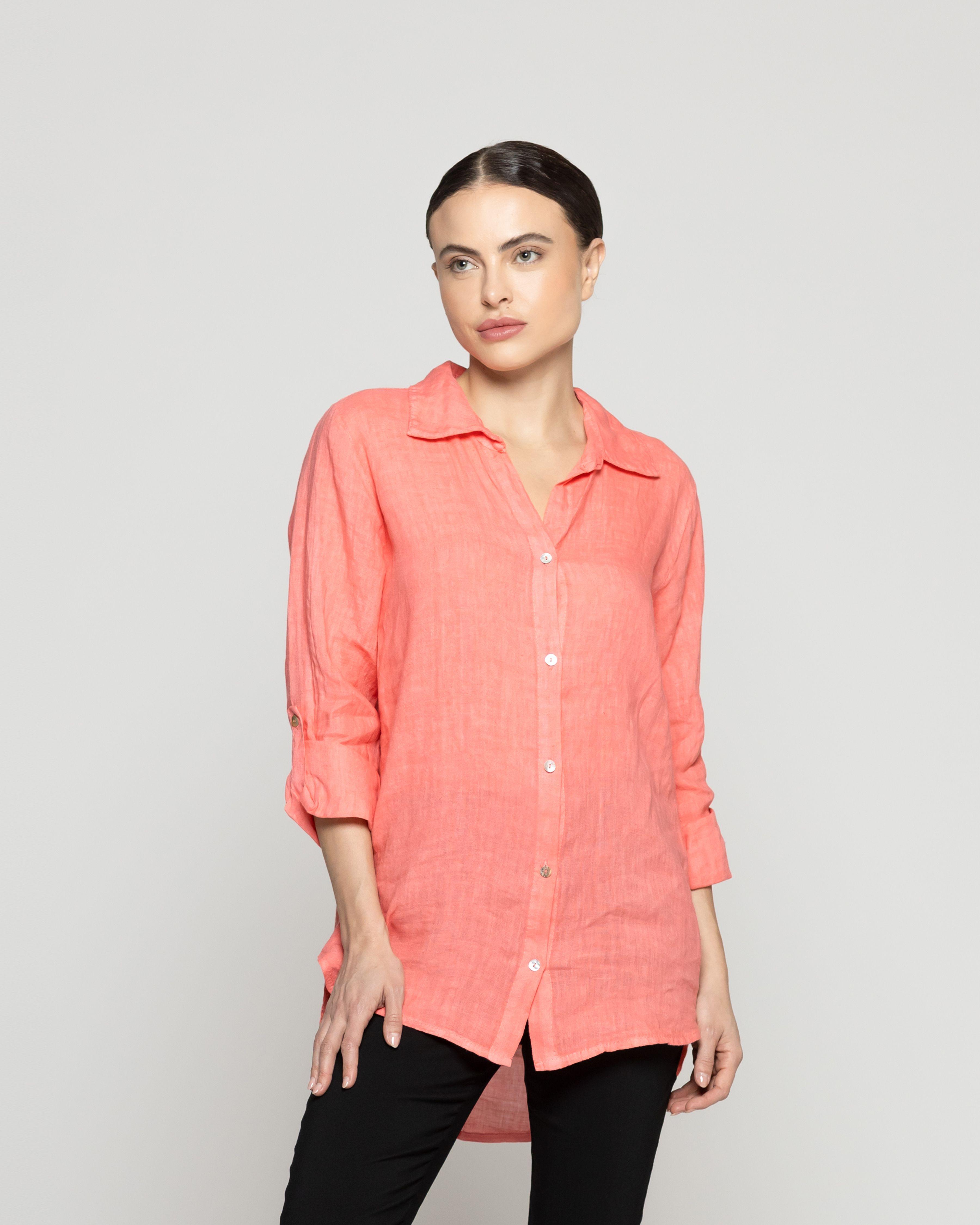 Blusa Mujer Belén Lino Manga Larga Naranja Coral Lineatre-0