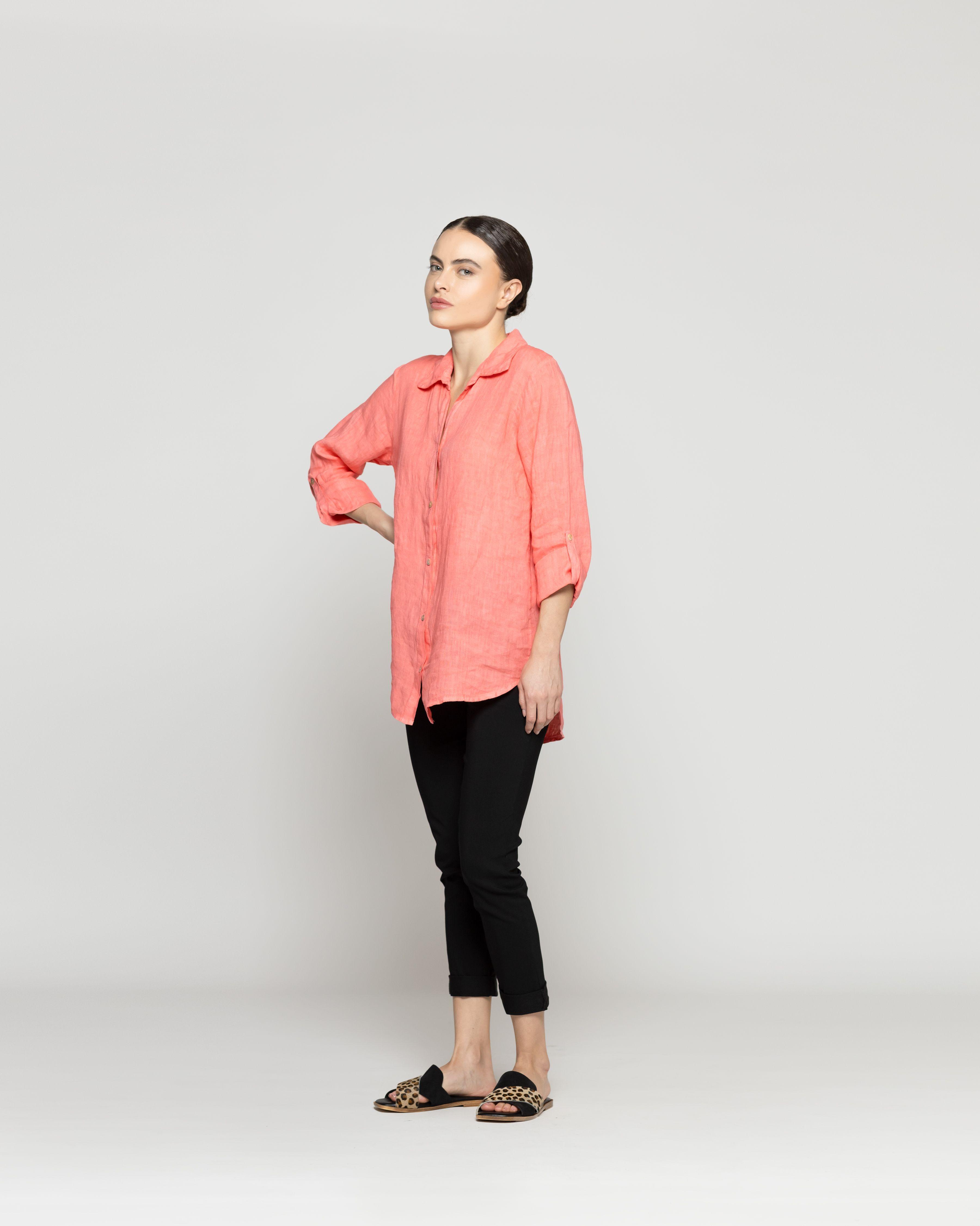 Blusa Mujer Belén Lino Manga Larga Naranja Coral Lineatre-1