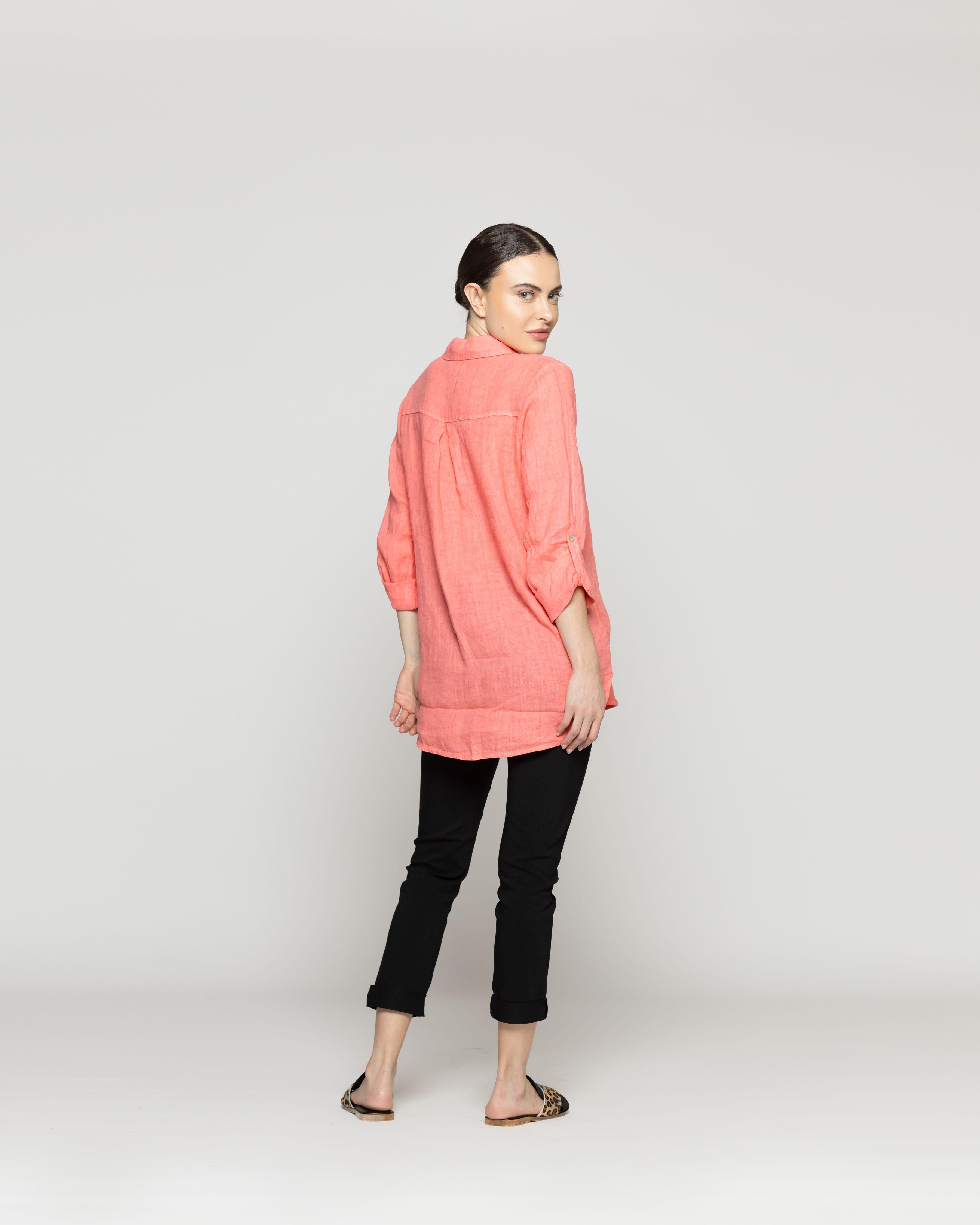 Blusa Mujer Belén Lino Manga Larga Naranja Coral Lineatre-3