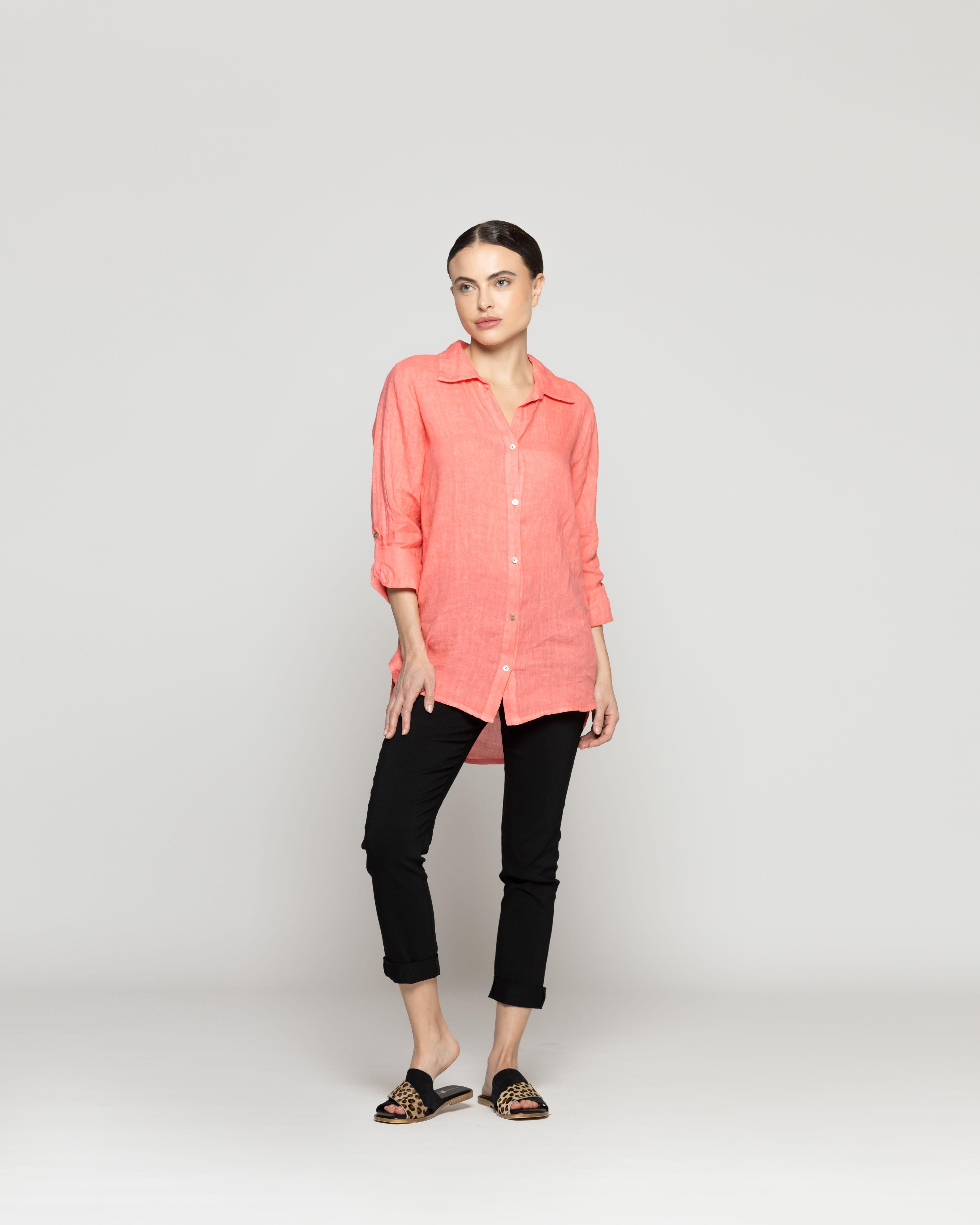 Blusa Mujer Belén Lino Manga Larga Naranja Coral Lineatre-4