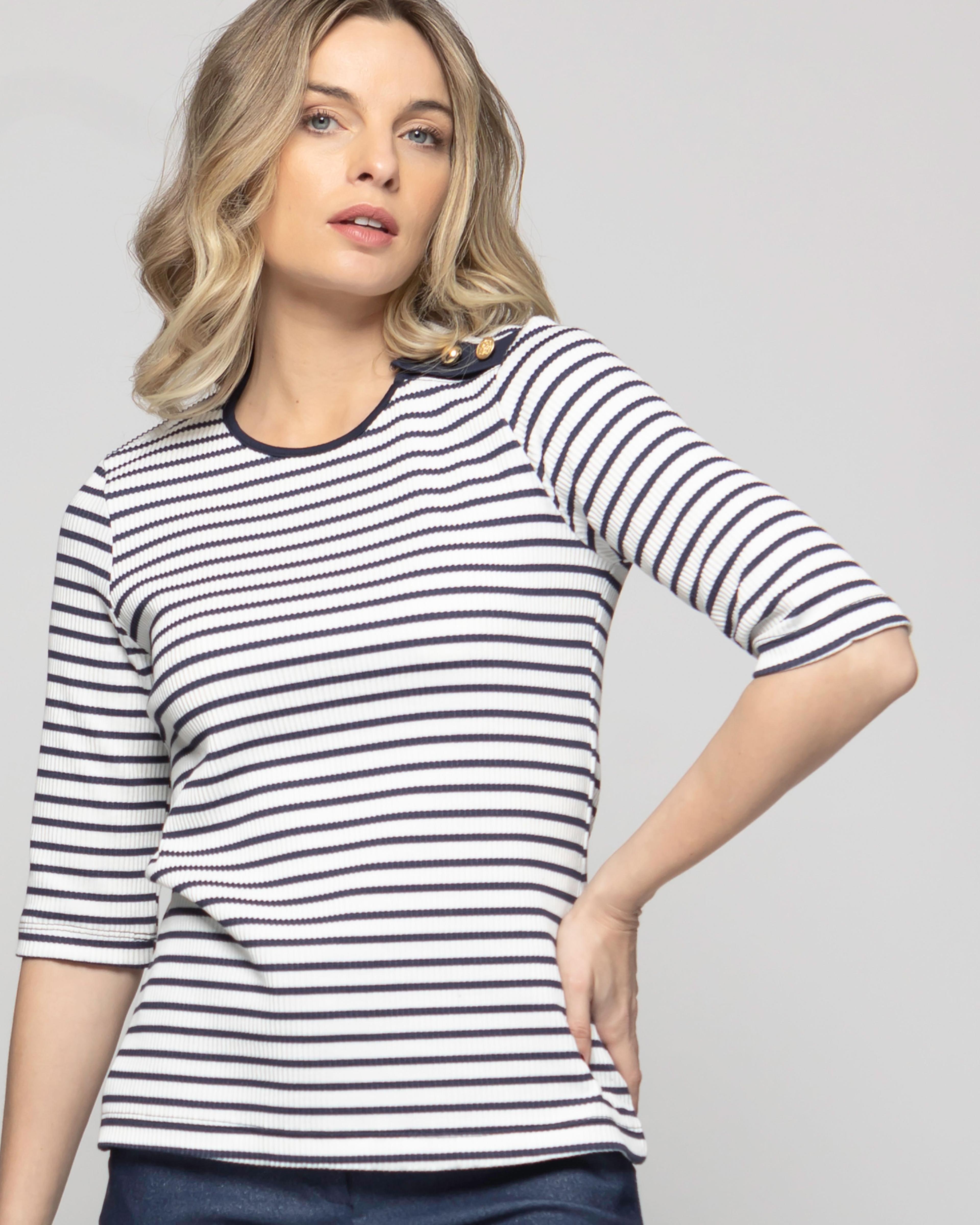 Polera Mujer Orquídea Escote Redondo Manga 3/4 Rayas Azules Blanca-5