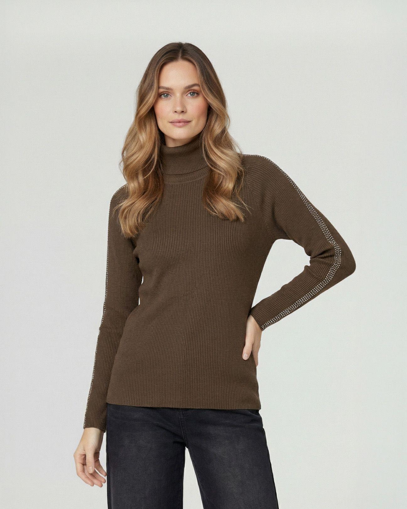 Sweater Mujer Teresa Relaxed Cuello Alto Redondo Manga Caída Chocolate Lineatre-0