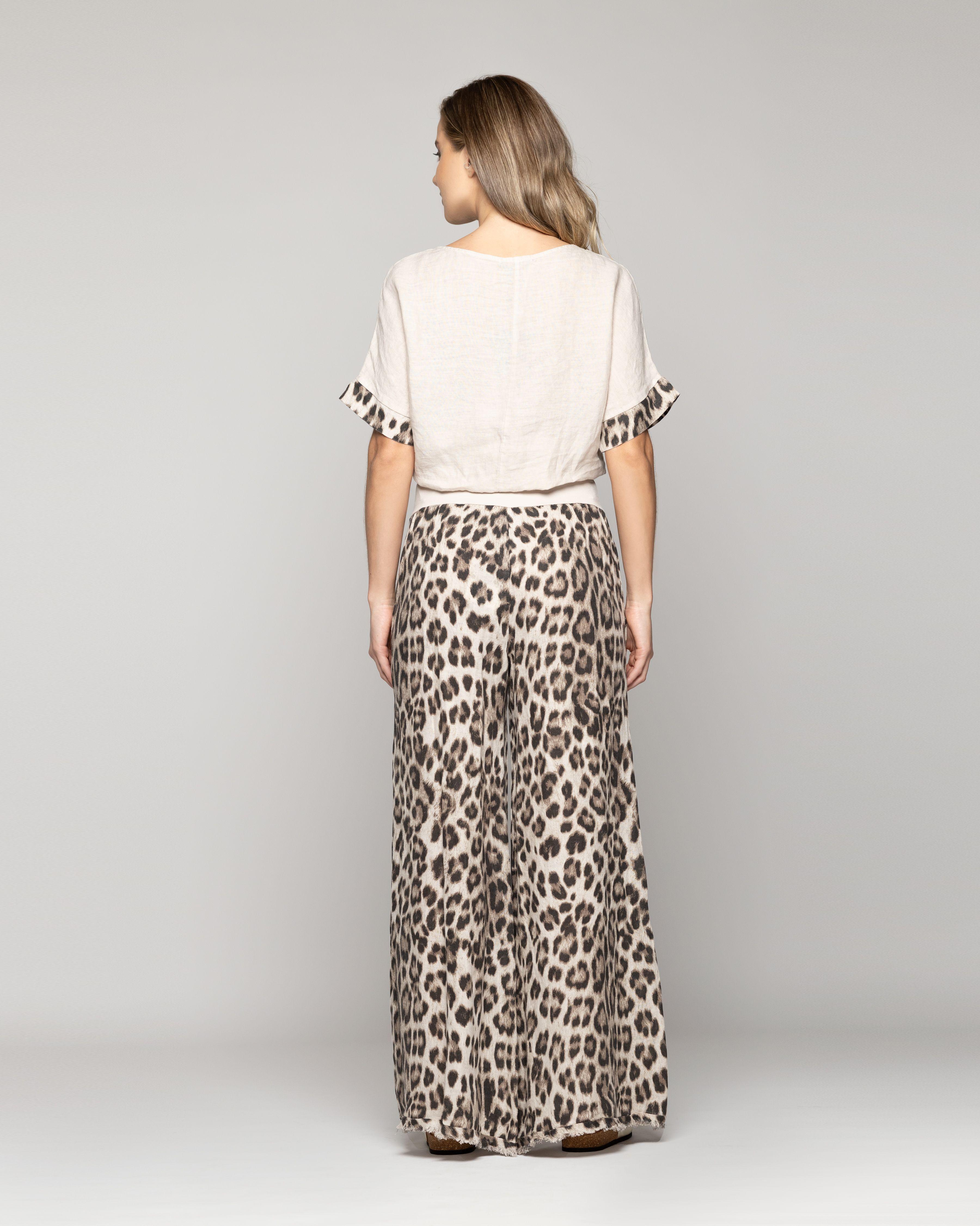 Pantalón Mujer Bettina De Lino Con Diseño Leopardo Cafe Lineatre-2