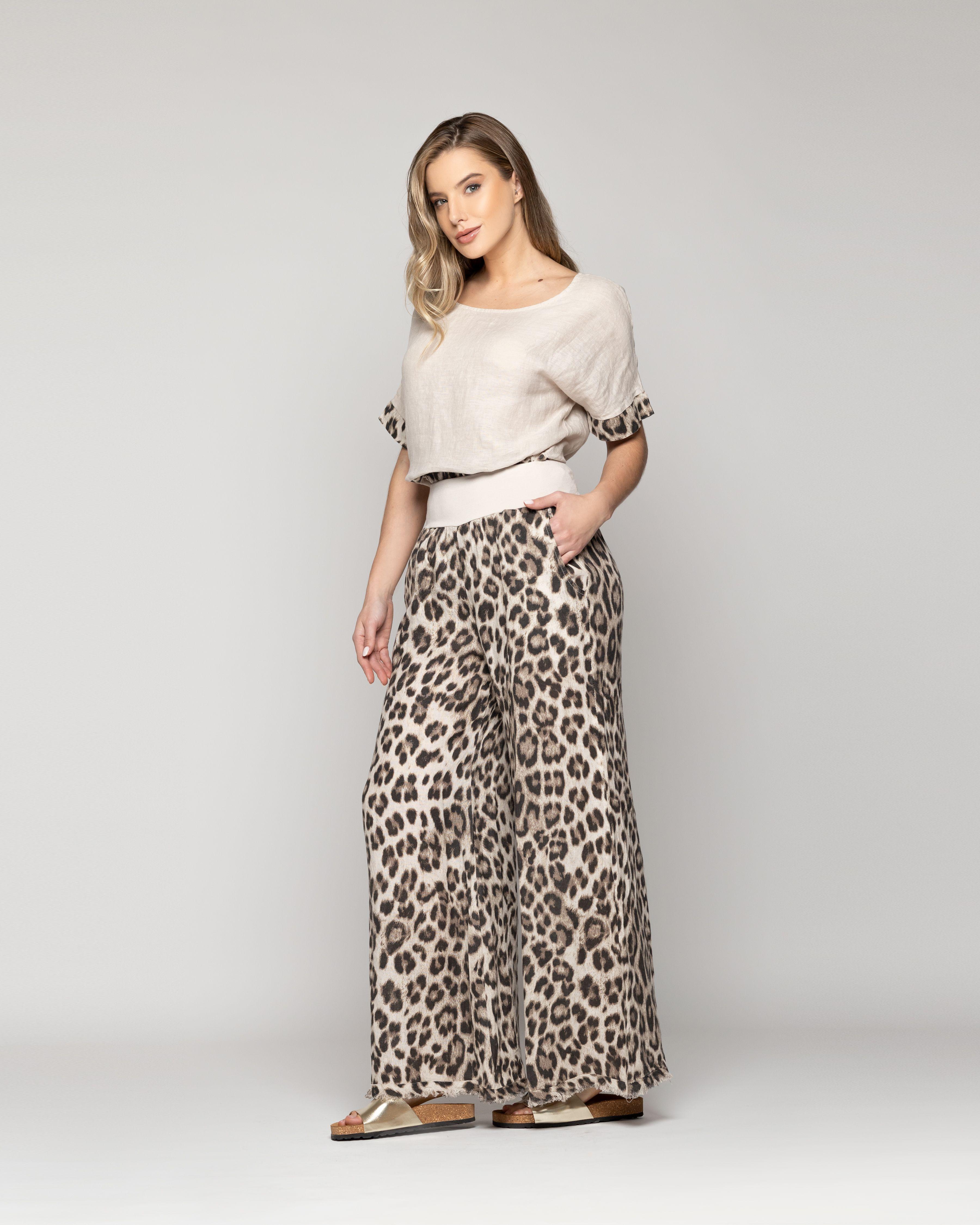 Pantalón Mujer Bettina De Lino Con Diseño Leopardo Cafe Lineatre-3