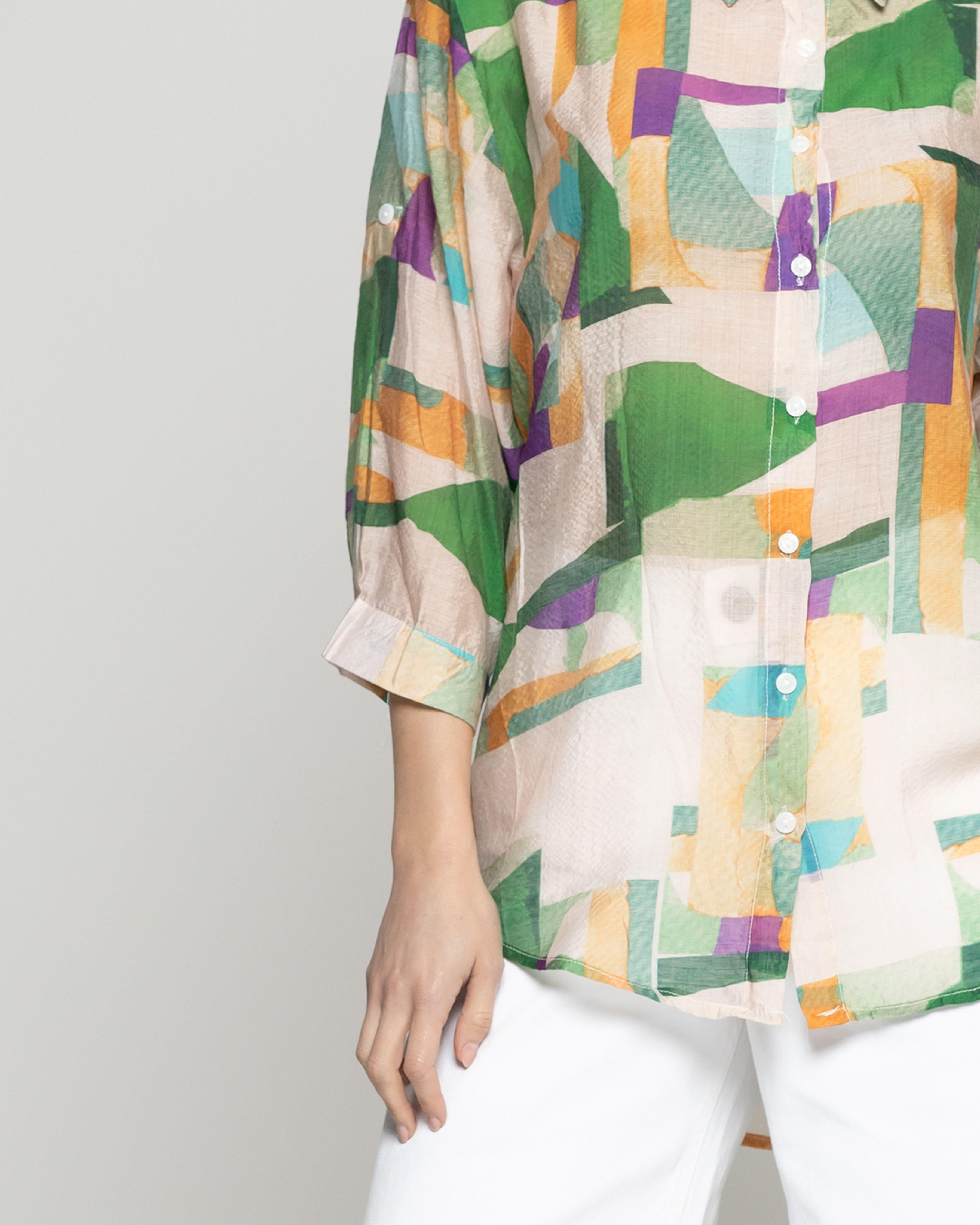 Blusa Mujer Bellinda Manga 3/4 Diseño Abstracto Verde Lineatre-2