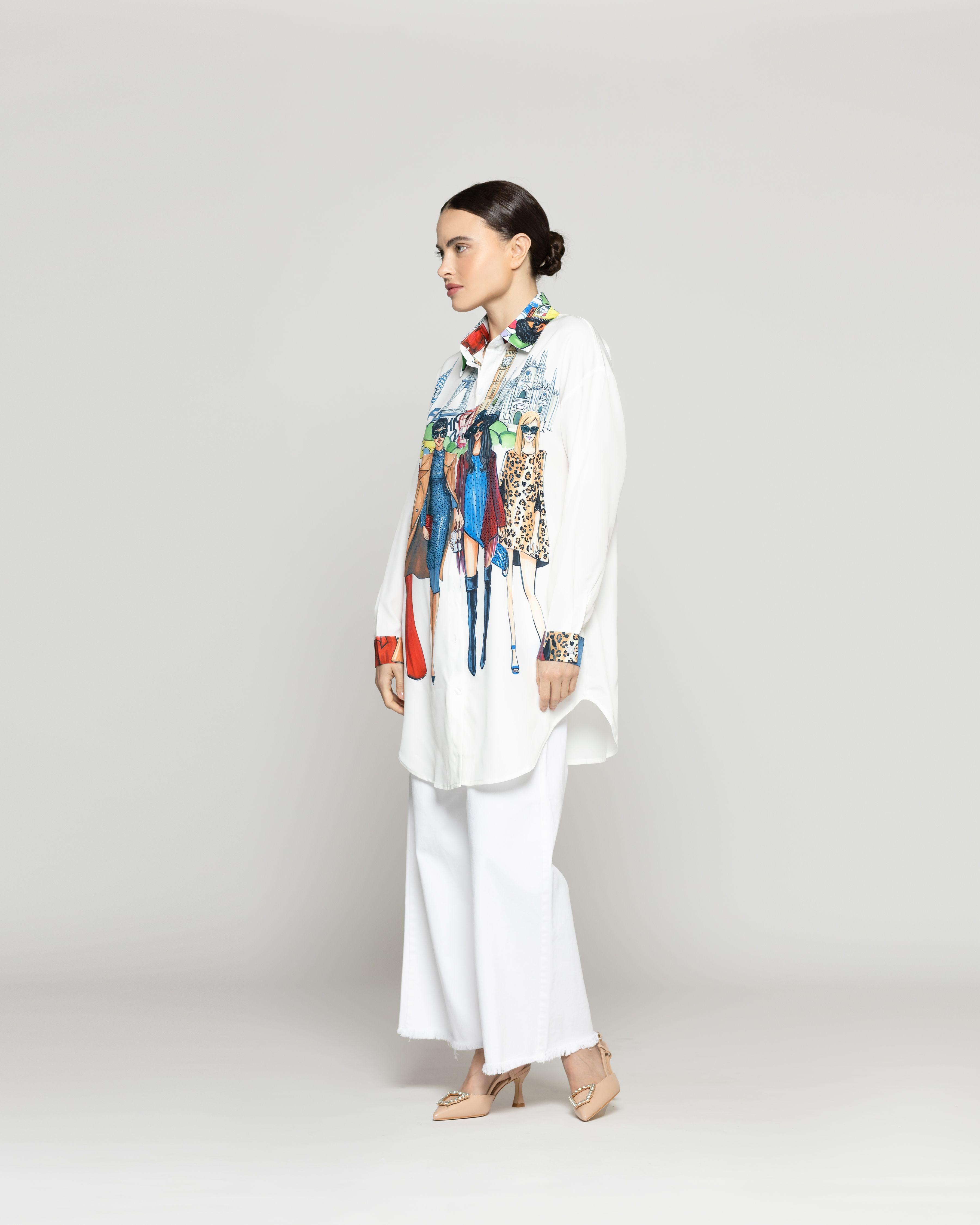 Blusa Mujer Betsay Larga Con Diseño De Mujeres Y Ciudad Blanca Lineatre-0
