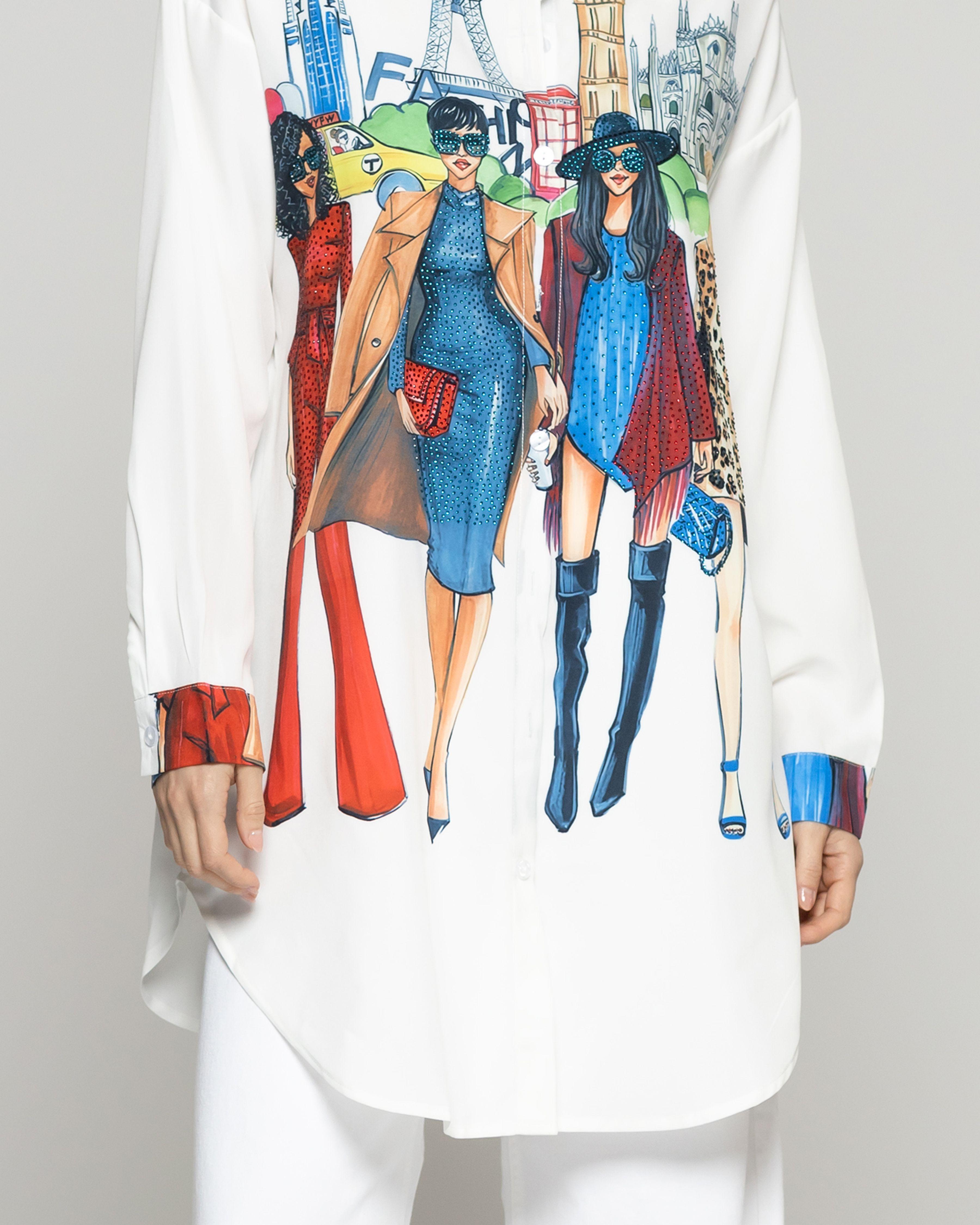 Blusa Mujer Betsay Larga Con Diseño De Mujeres Y Ciudad Blanca Lineatre-1
