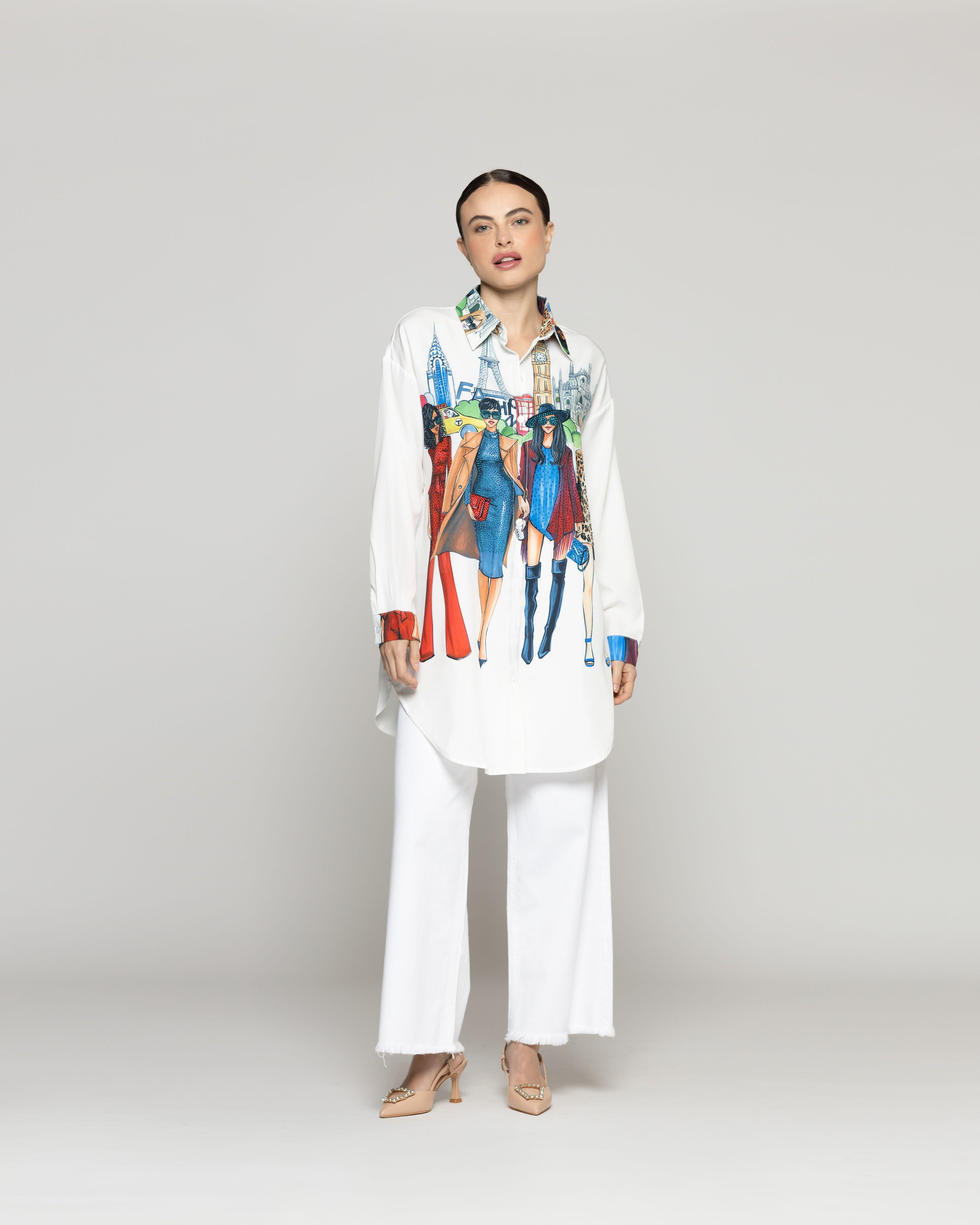 Blusa Mujer Betsay Larga Con Diseño De Mujeres Y Ciudad Blanca Lineatre-3