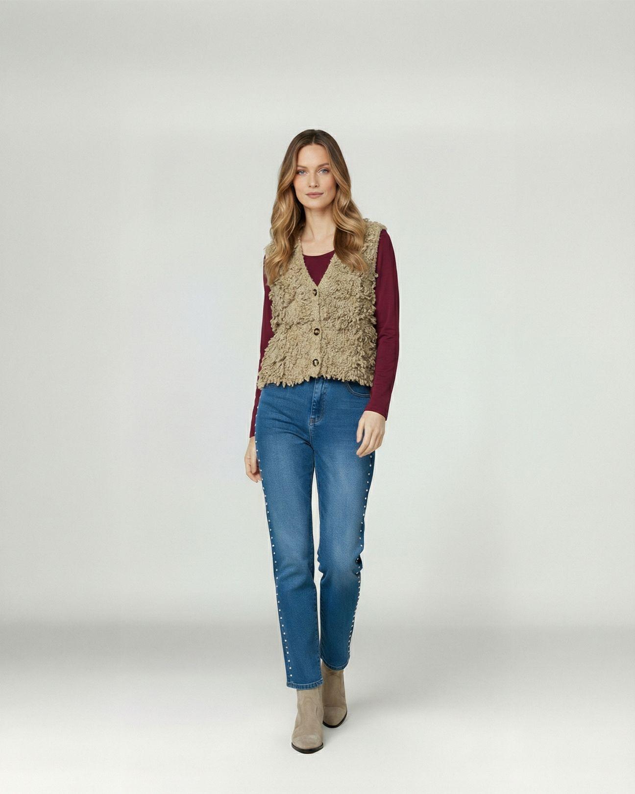 Gillet Mujer Fabiola Relaxed Cuello En V Camel Lineatre-3