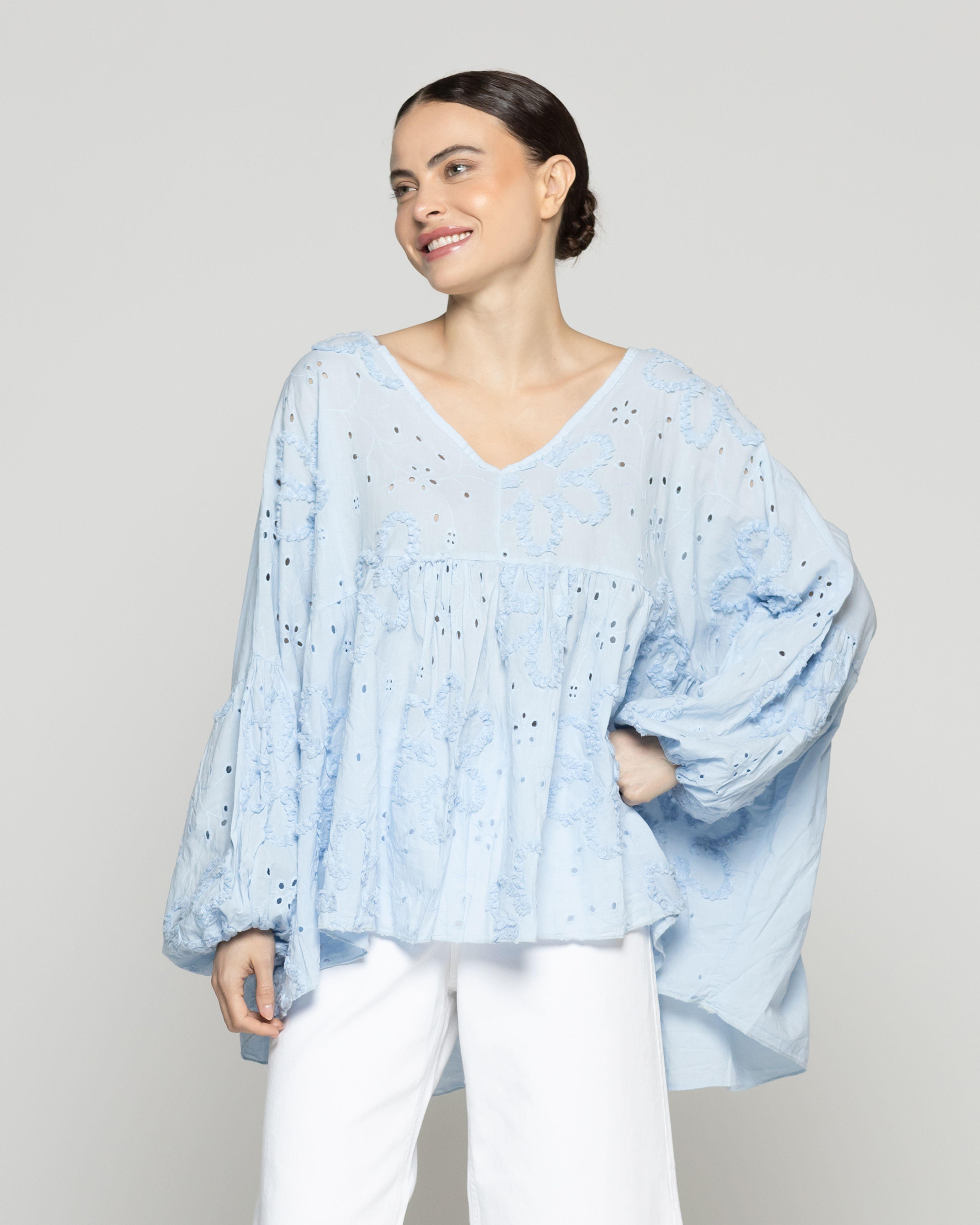 Blusa Mujer Berenice De Algodón Con Broderie Oversized Celeste Lineatre-0