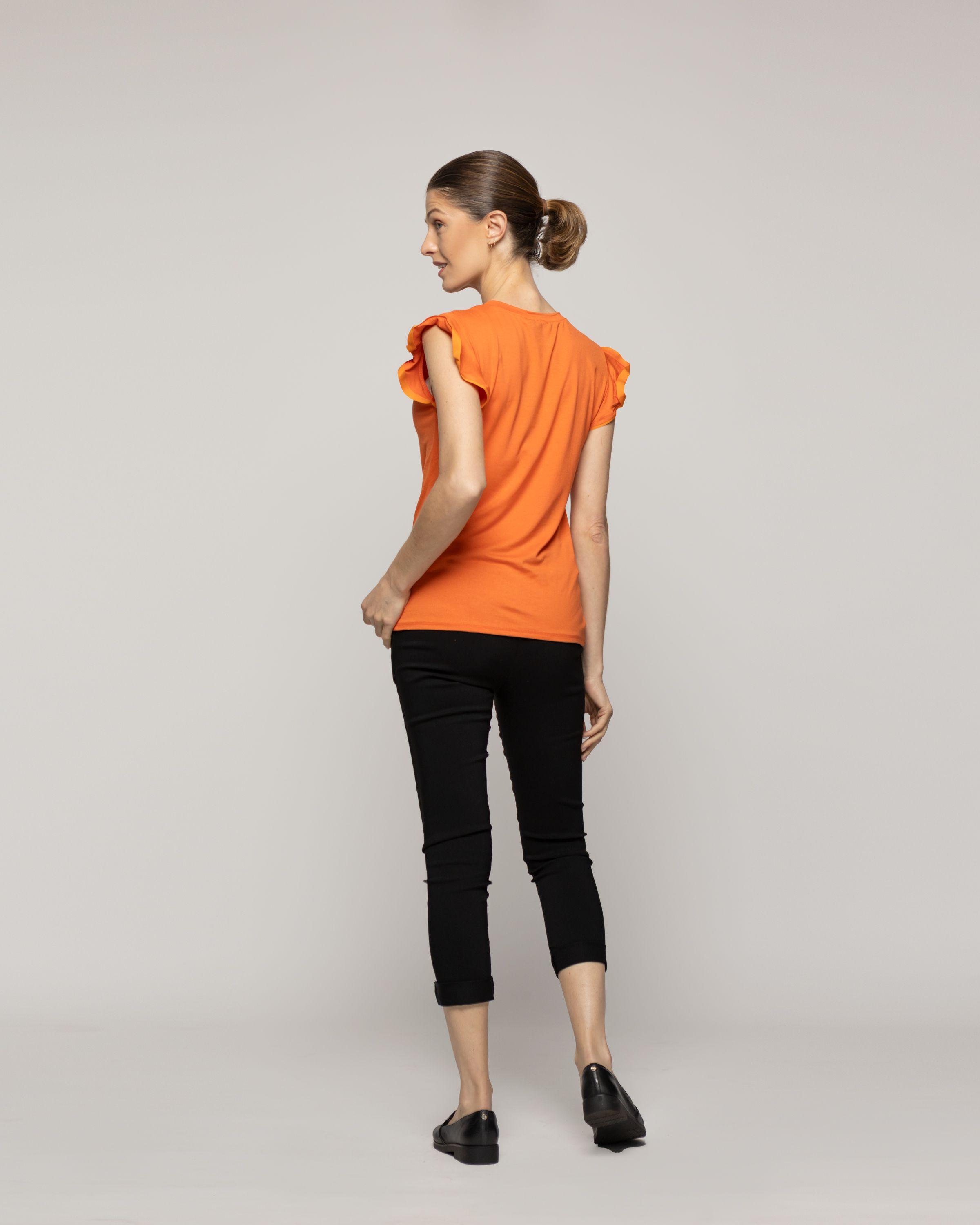 Polera Mujer Básica Ondina Manga Corta Con Volantes Naranja Lineatre-2