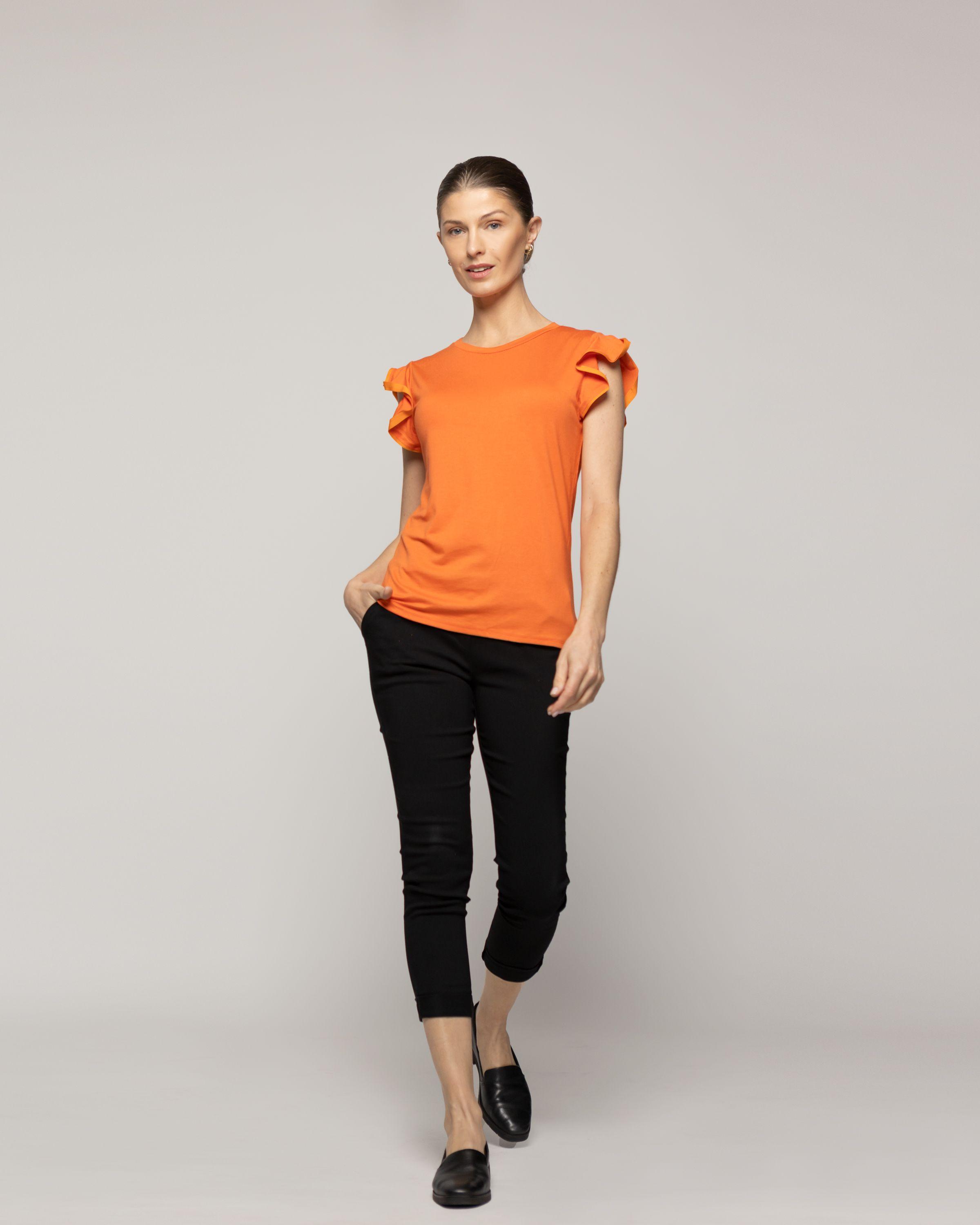 Polera Mujer Básica Ondina Manga Corta Con Volantes Naranja Lineatre-4