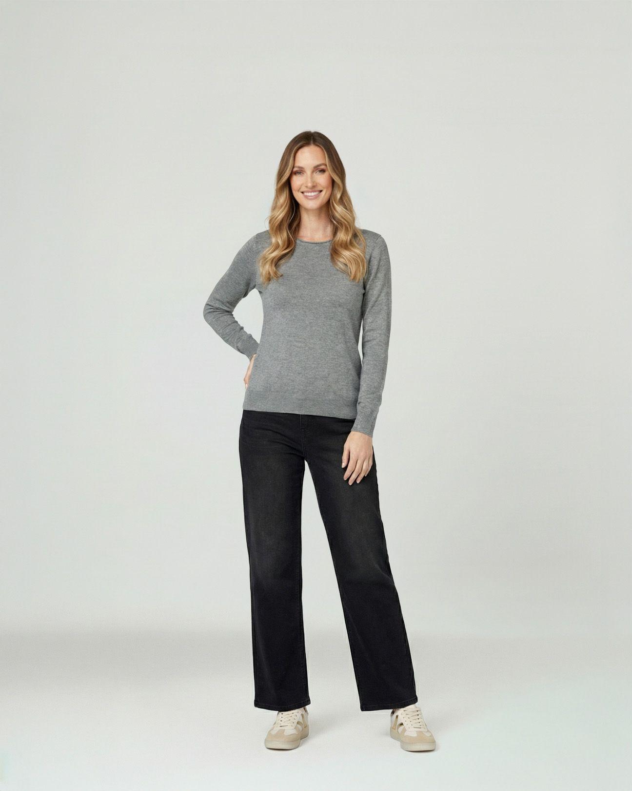 Sweater Mujer Marcela Relaxed Fit Cuello Redondo Manga Caída  Gris Lineatre-0