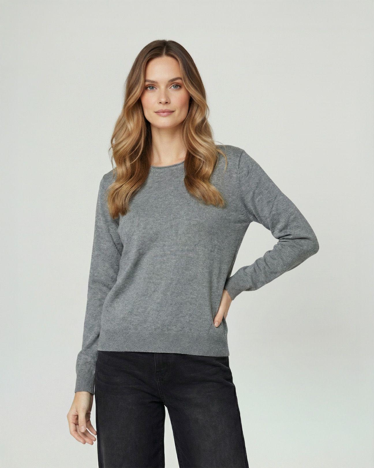 Sweater Mujer Marcela Relaxed Fit Cuello Redondo Manga Caída  Gris Lineatre-1