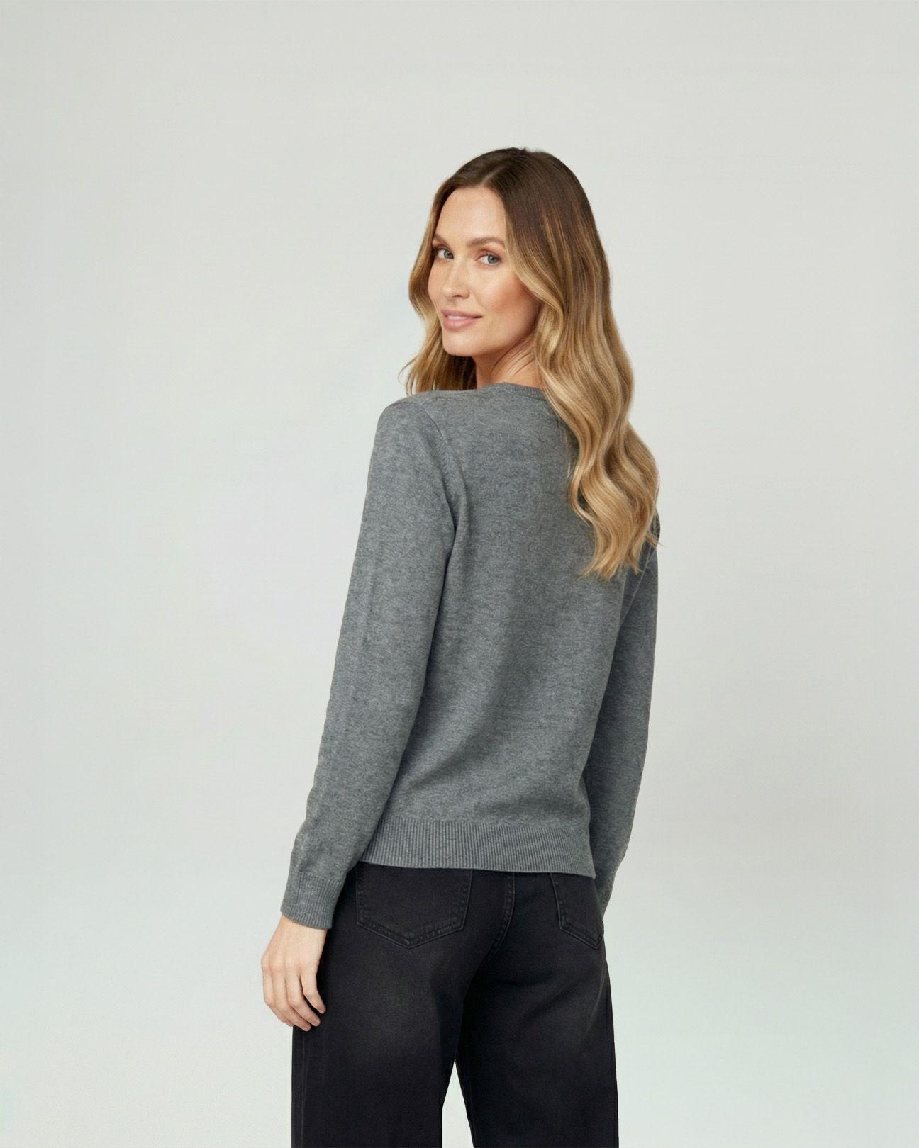 Sweater Mujer Marcela Relaxed Fit Cuello Redondo Manga Caída  Gris Lineatre-2