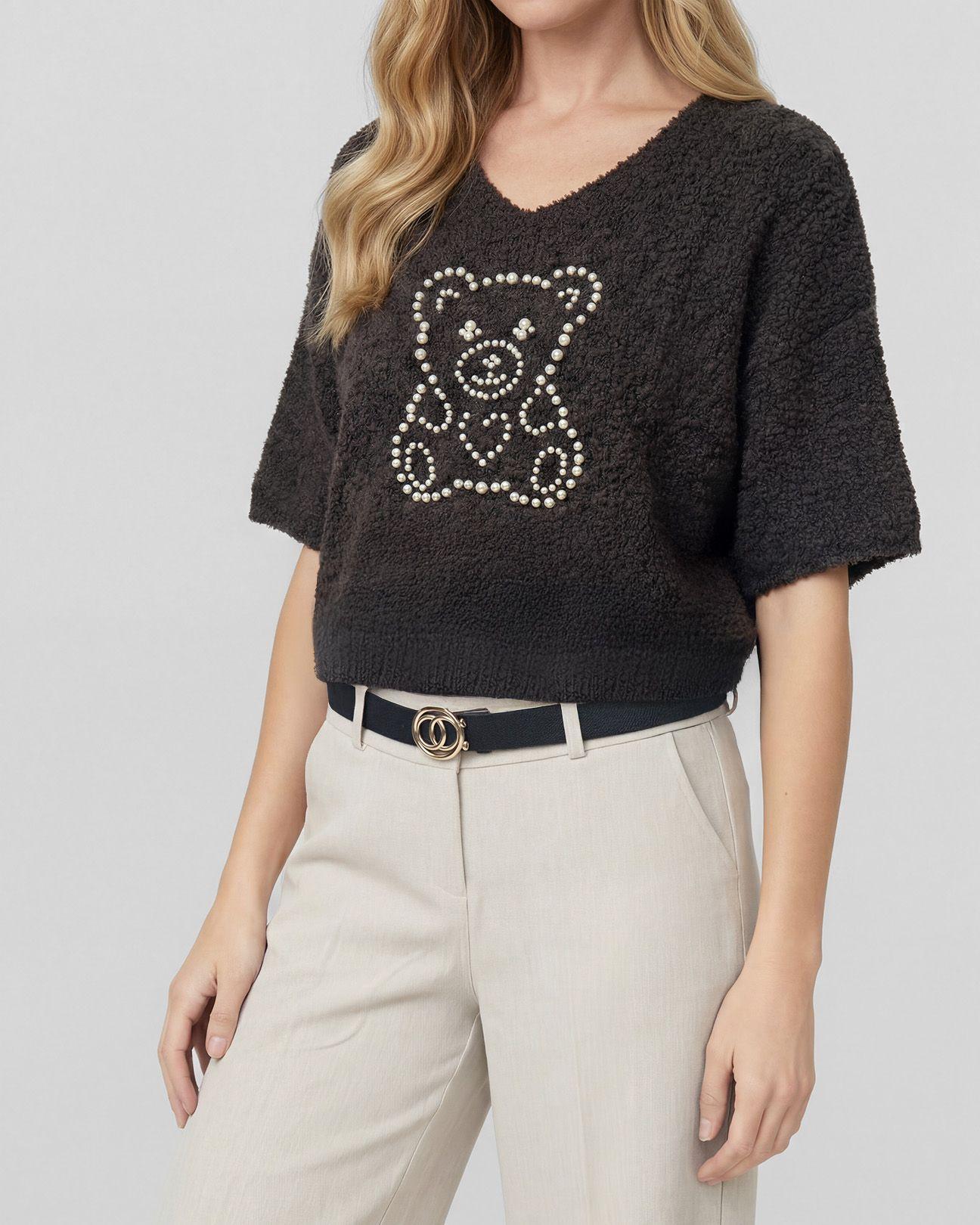 Sweater Mujer Mara Relaxed Cuello En V Manga Caída Chocolate Lineatre-2