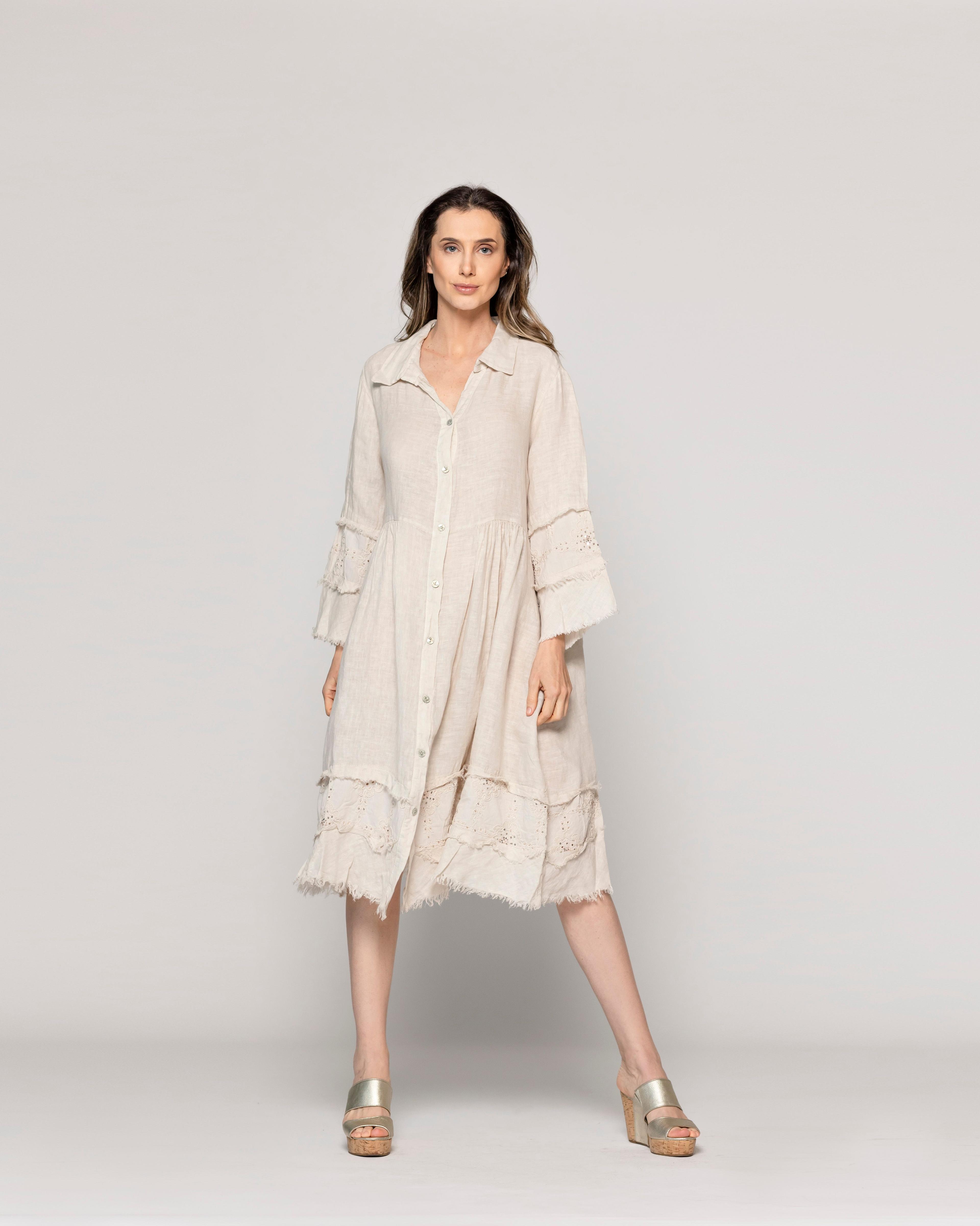 Vestido Mujer Virginia Largo De Lino Con Botones Beige Lineatre-4