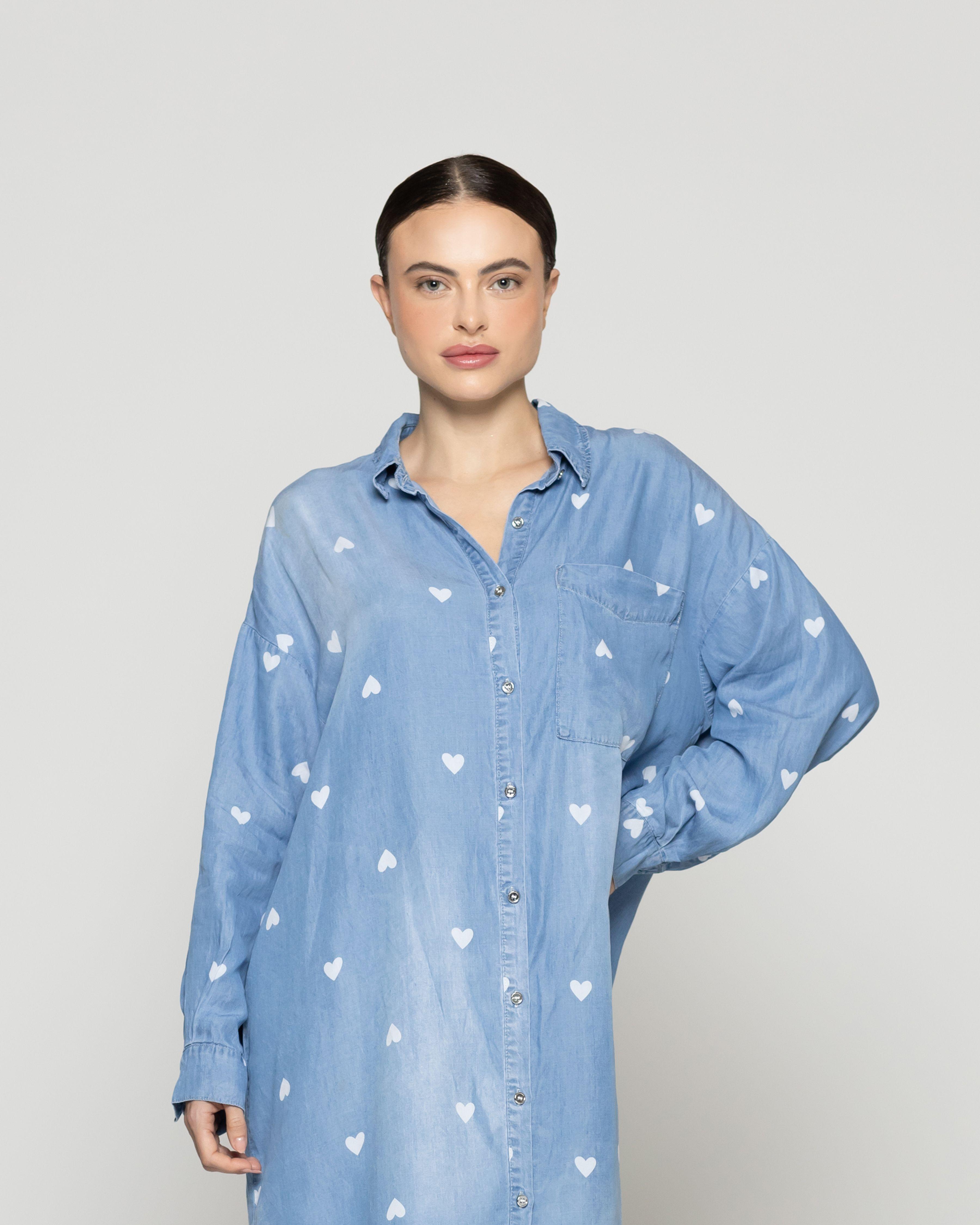 Vestido Mujer Valery Camisero Demin Celeste Con Corazones Lineatre-0