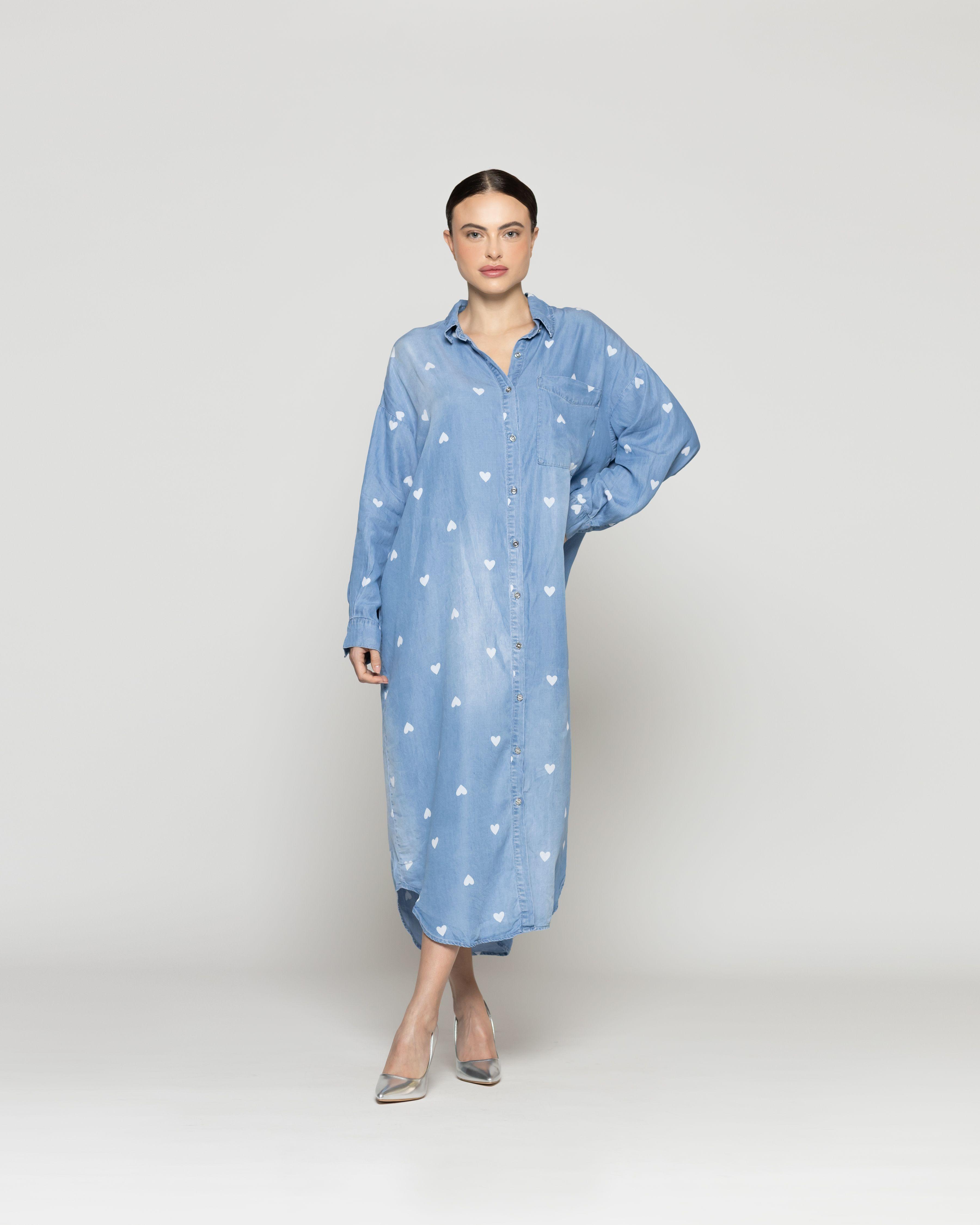 Vestido Mujer Valery Camisero Demin Celeste Con Corazones Lineatre-4