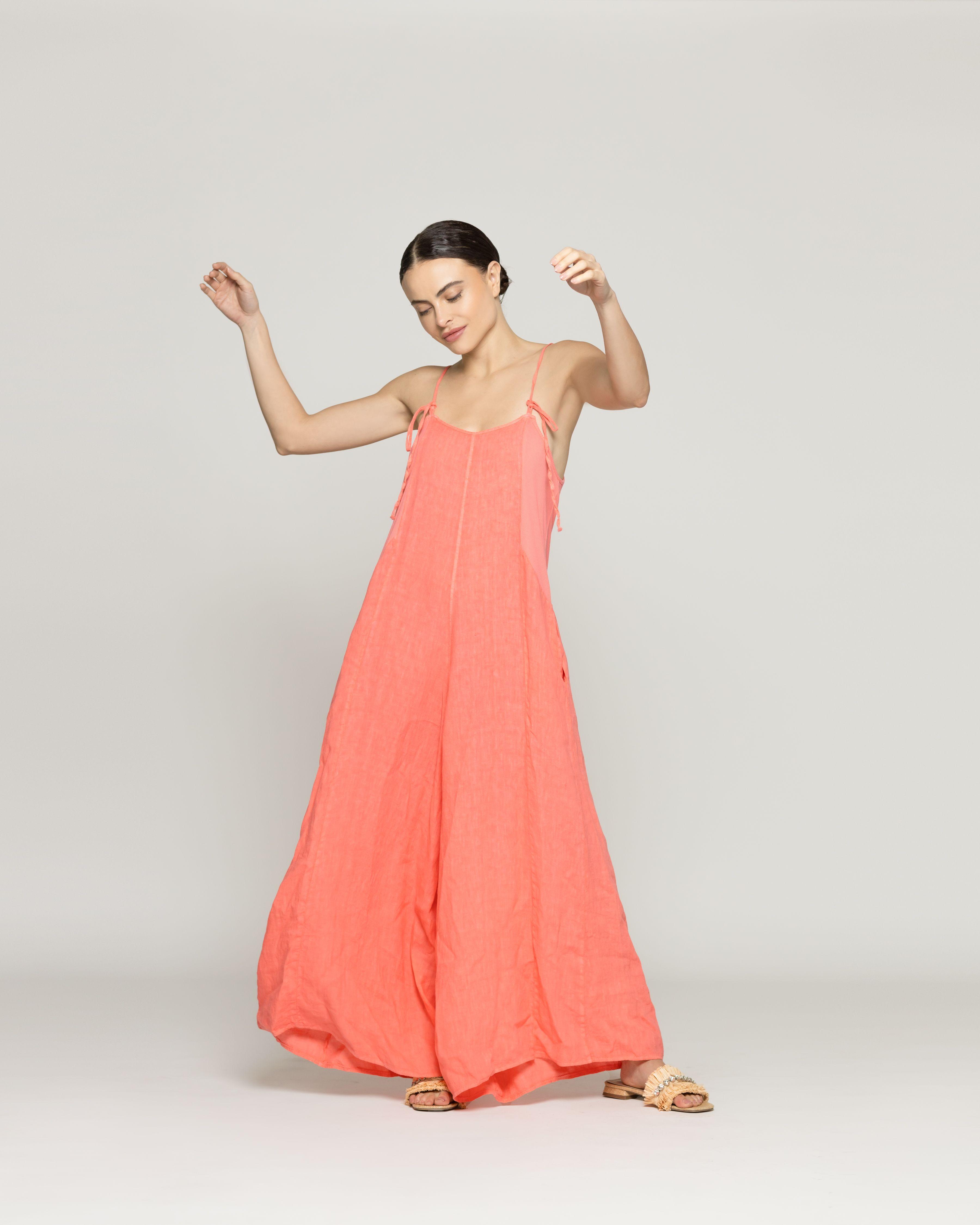 Enterito Mujer Roxana Lino Tirantes Ajustables Naranja Coral Lineatre-2