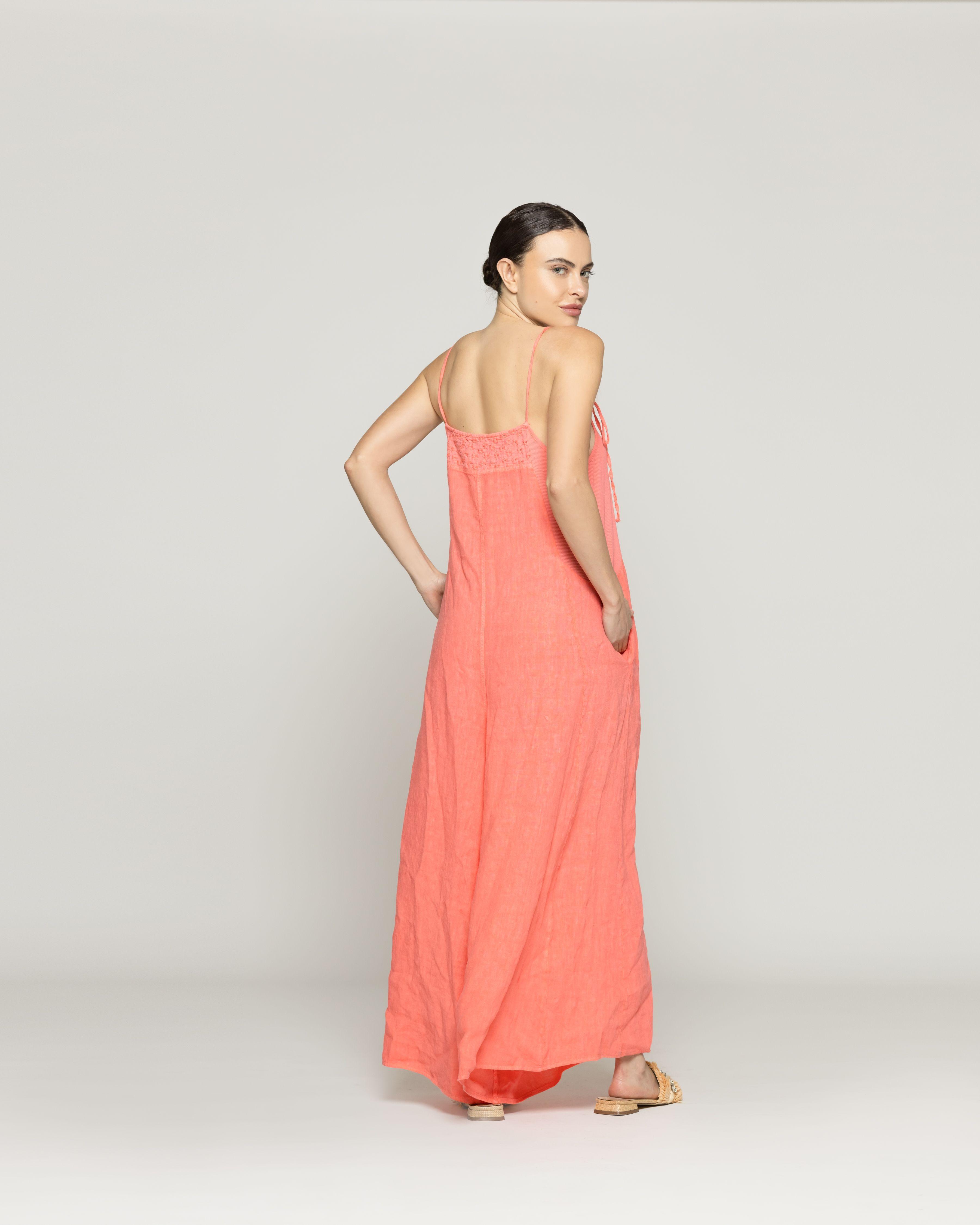 Enterito Mujer Roxana Lino Tirantes Ajustables Naranja Coral Lineatre-6