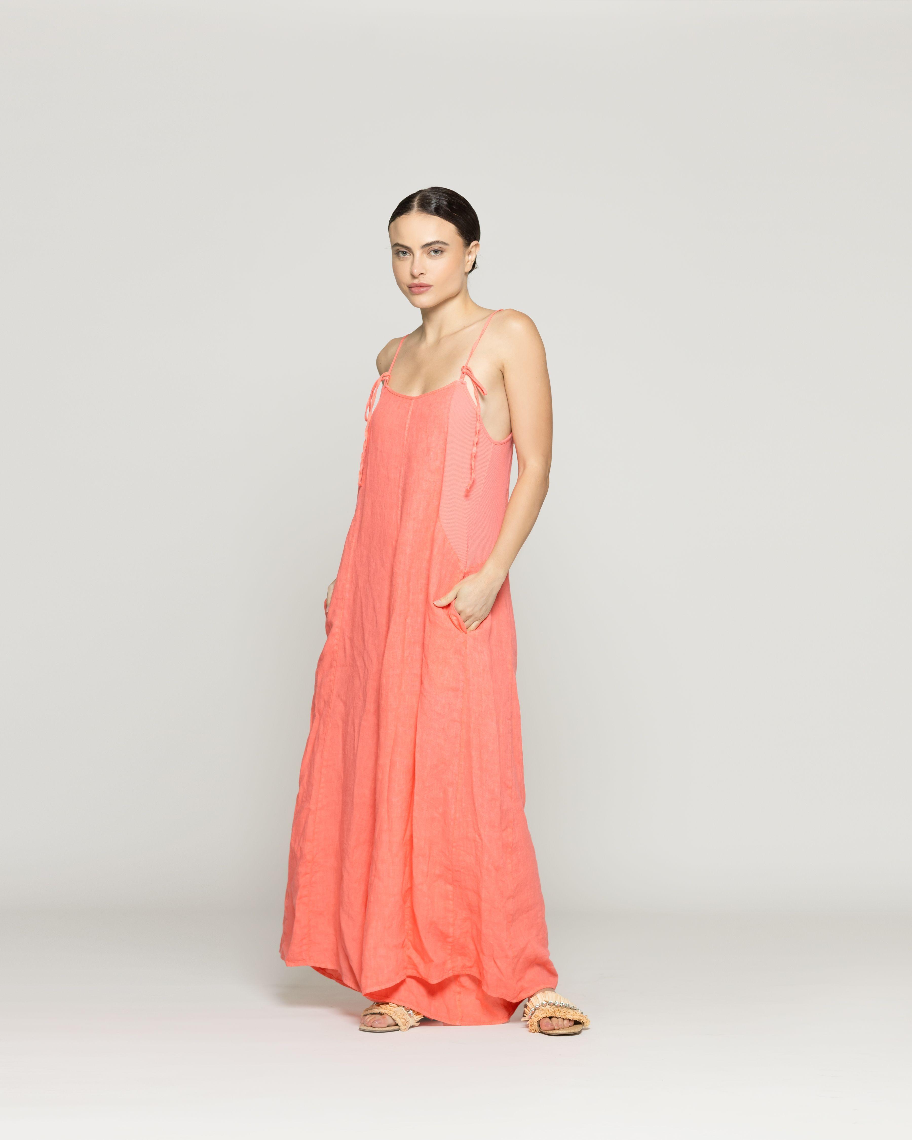 Enterito Mujer Roxana Lino Tirantes Ajustables Naranja Coral Lineatre-8