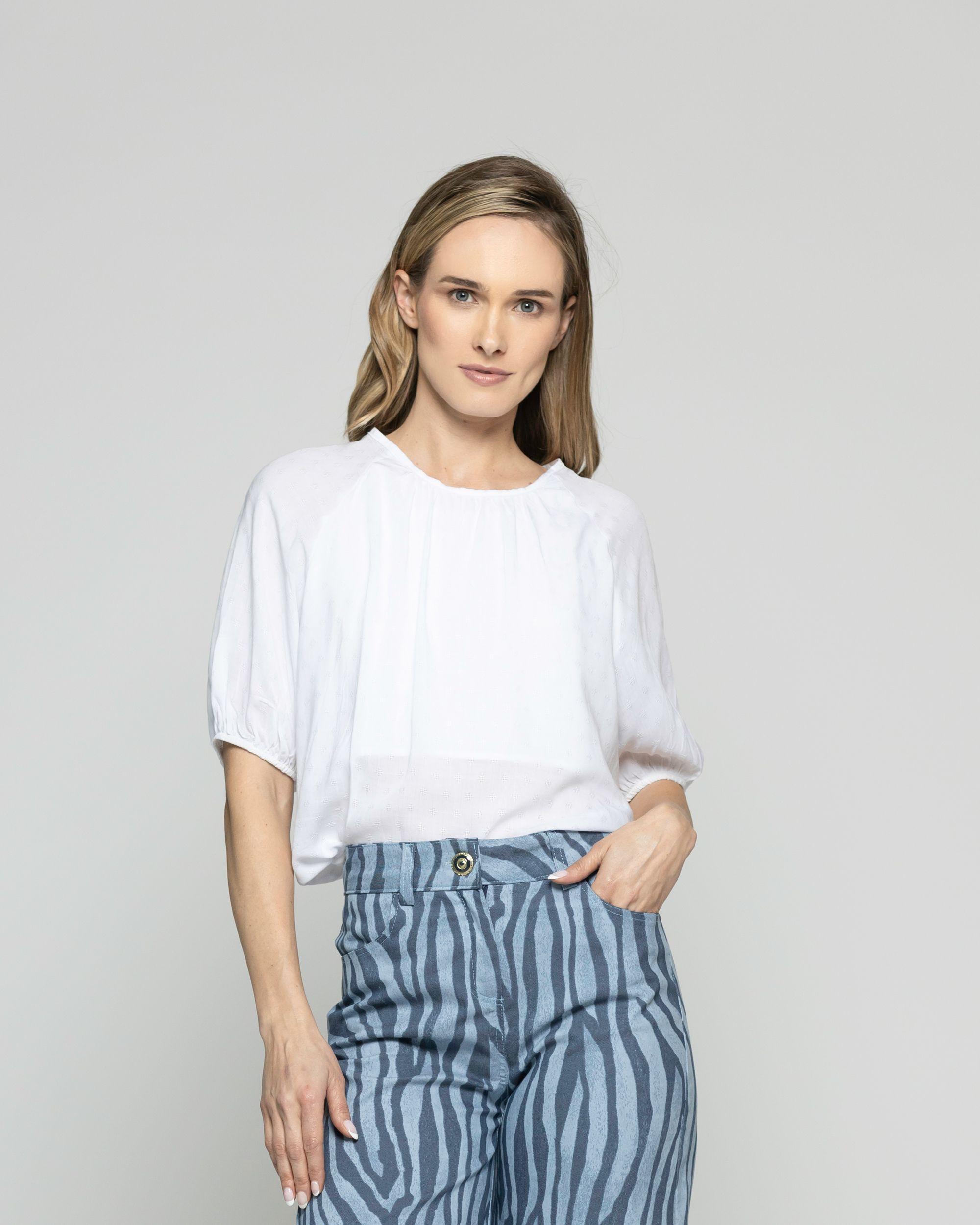 Blusa Mujer Bromelia Manga Globo Escote Redondo Blanca Crudo Ludovica-3