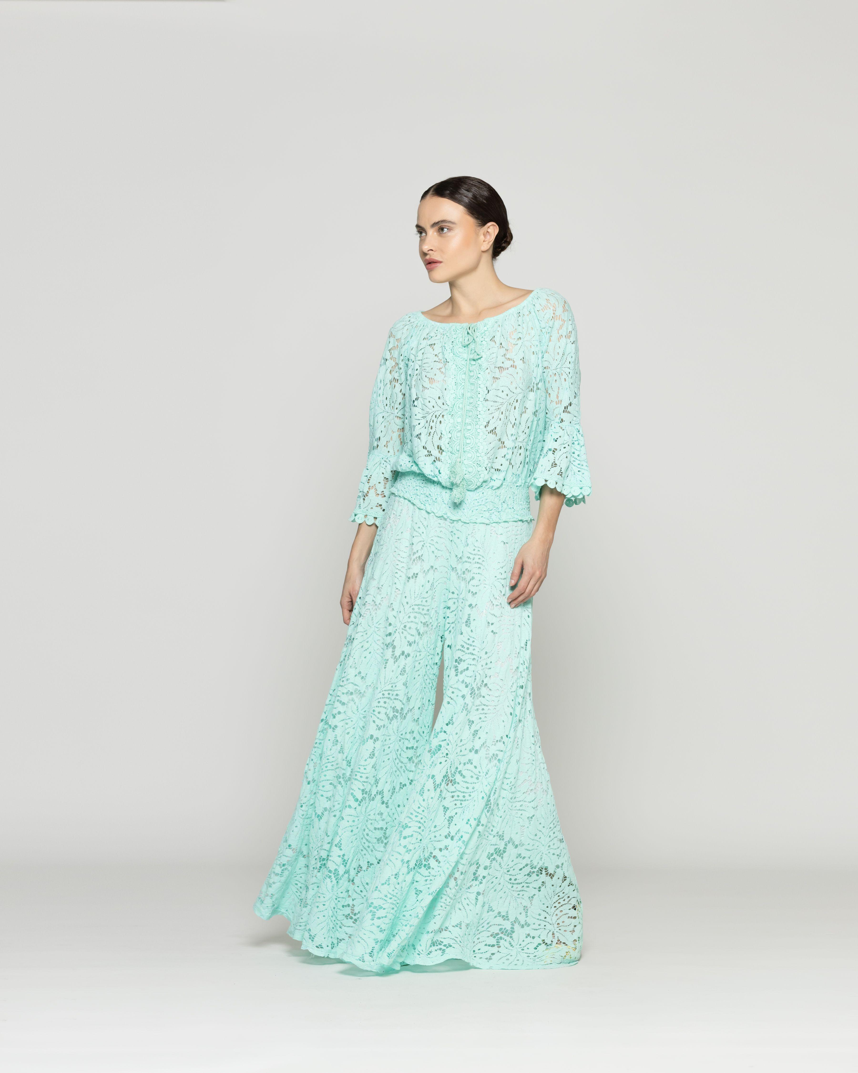 Pantalón Mujer Benedetta De Corte Palazzo Verde Agua Lineatre-3